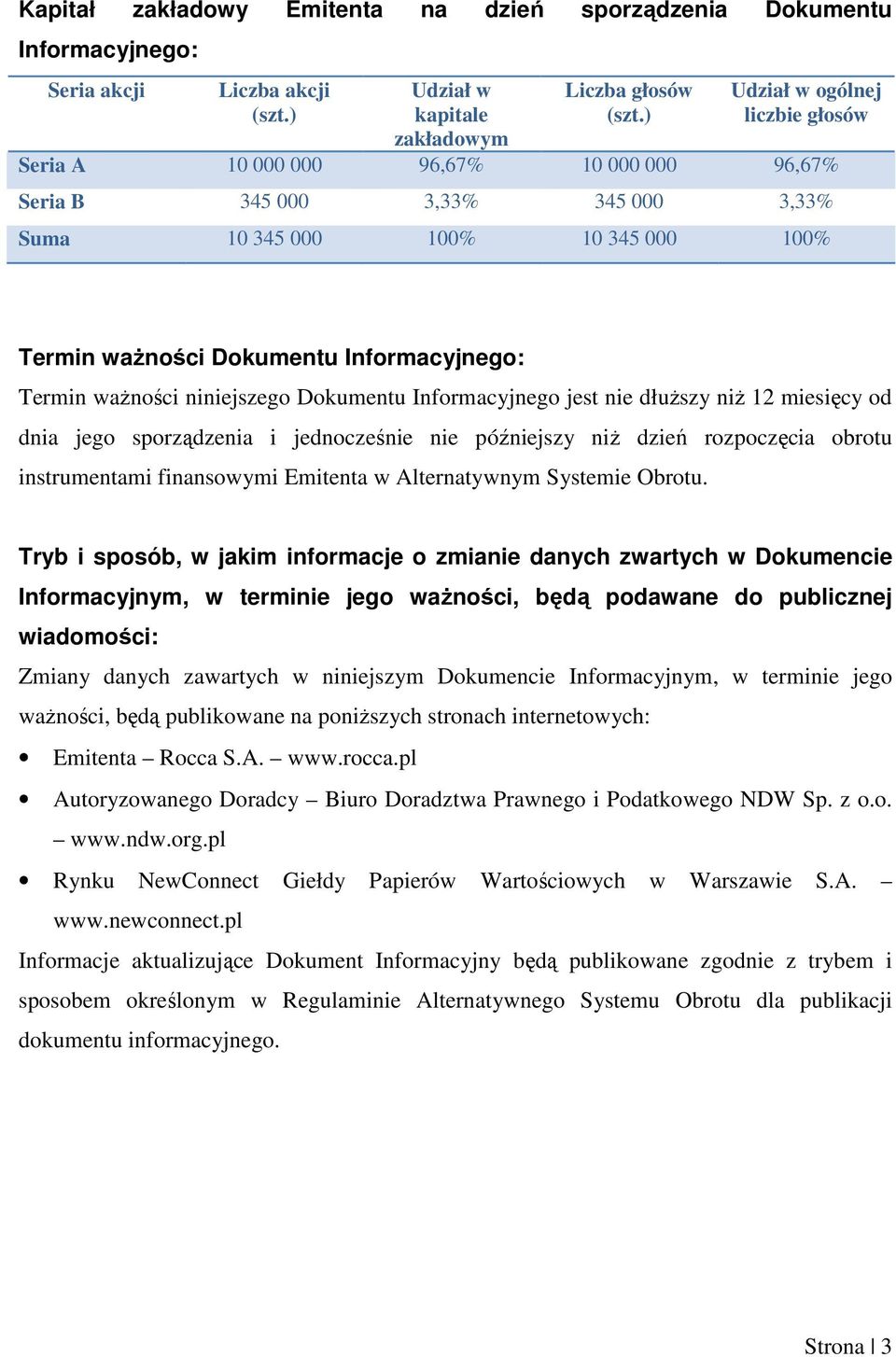 waŝności niniejszego Dokumentu Informacyjnego jest nie dłuŝszy niŝ 12 miesięcy od dnia jego sporządzenia i jednocześnie nie późniejszy niŝ dzień rozpoczęcia obrotu instrumentami finansowymi Emitenta