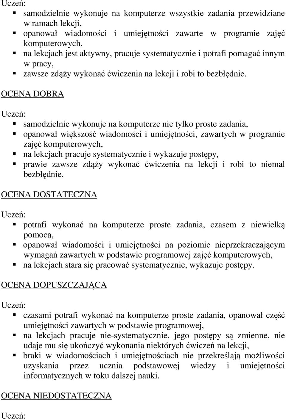 samodzielnie wykonuje na komputerze nie tylko proste zadania, opanował większość wiadomości i umiejętności, zawartych w programie zajęć komputerowych, na lekcjach pracuje systematycznie i wykazuje