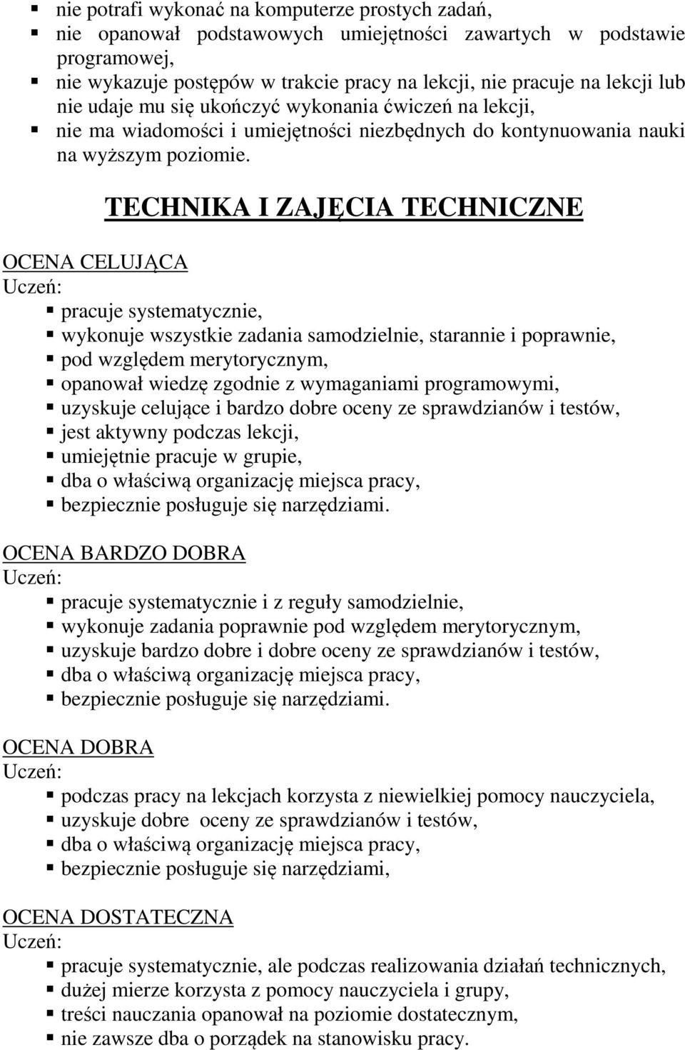 TECHNIKA I ZAJĘCIA TECHNICZNE pracuje systematycznie, wykonuje wszystkie zadania samodzielnie, starannie i poprawnie, pod względem merytorycznym, opanował wiedzę zgodnie z wymaganiami programowymi,