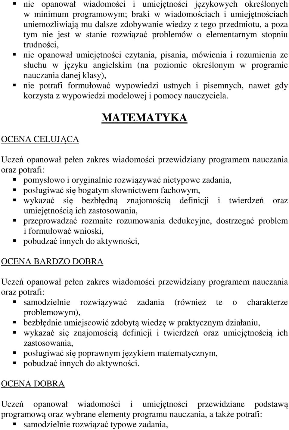 programie nauczania danej klasy), nie potrafi formułować wypowiedzi ustnych i pisemnych, nawet gdy korzysta z wypowiedzi modelowej i pomocy nauczyciela.