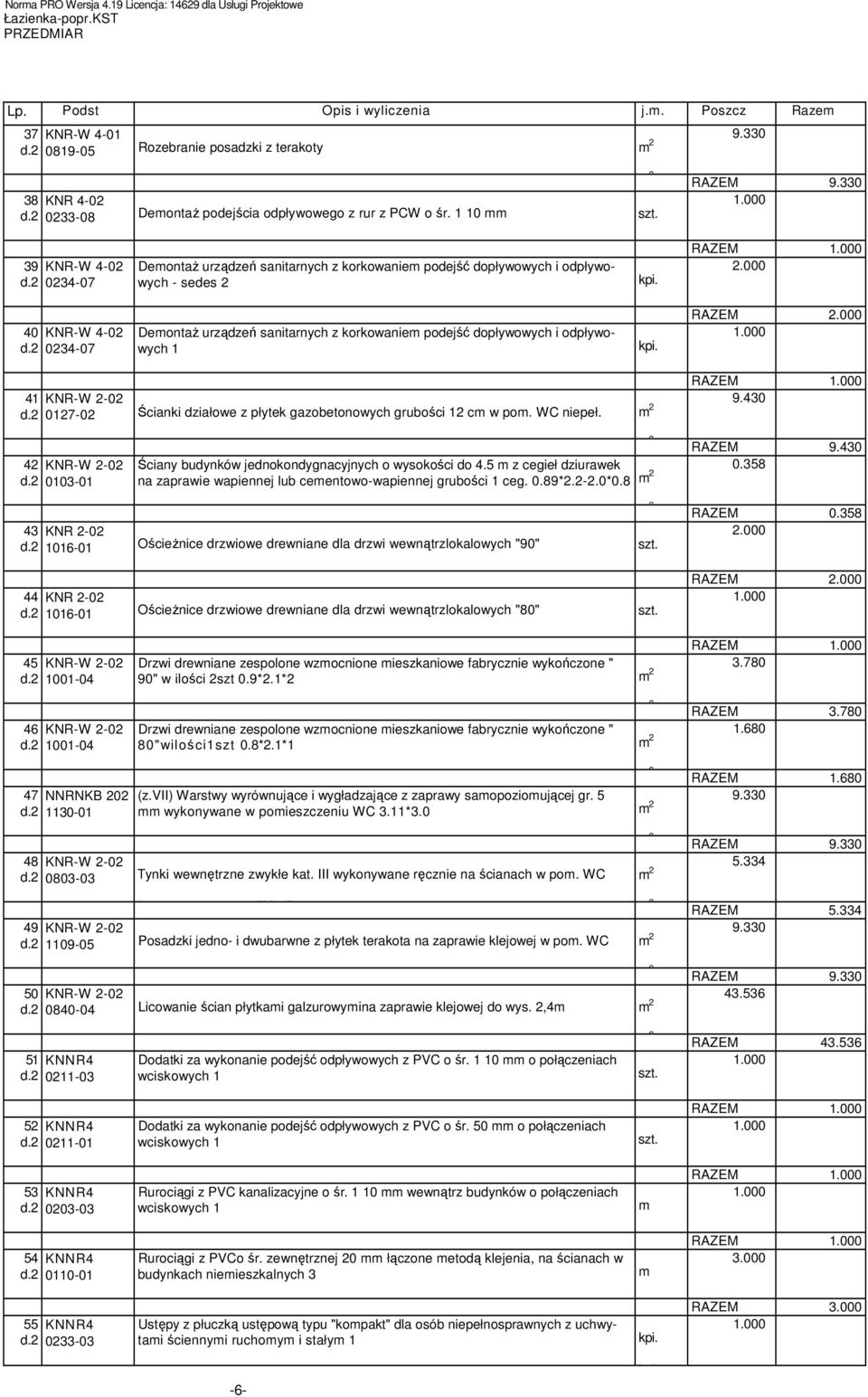 034-07 DeontaŜ urządzeń sanitarnych z korkowanie podejść dopływowych i odpływowych 4 KNR-W -0 d. 07-0 Ścianki działowe z płytek gazobetonowych grubości c w po. WC niepeł. 9.430 4 KNR-W -0 d. 003-0 (.