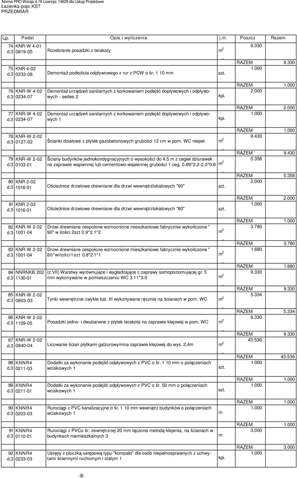 3 034-07 DeontaŜ urządzeń sanitarnych z korkowanie podejść dopływowych i odpływowych 78 KNR-W -0 d.3 07-0 Ścianki działowe z płytek gazobetonowych grubości c w po. WC niepeł. 9.430 79 KNR-W -0 d.