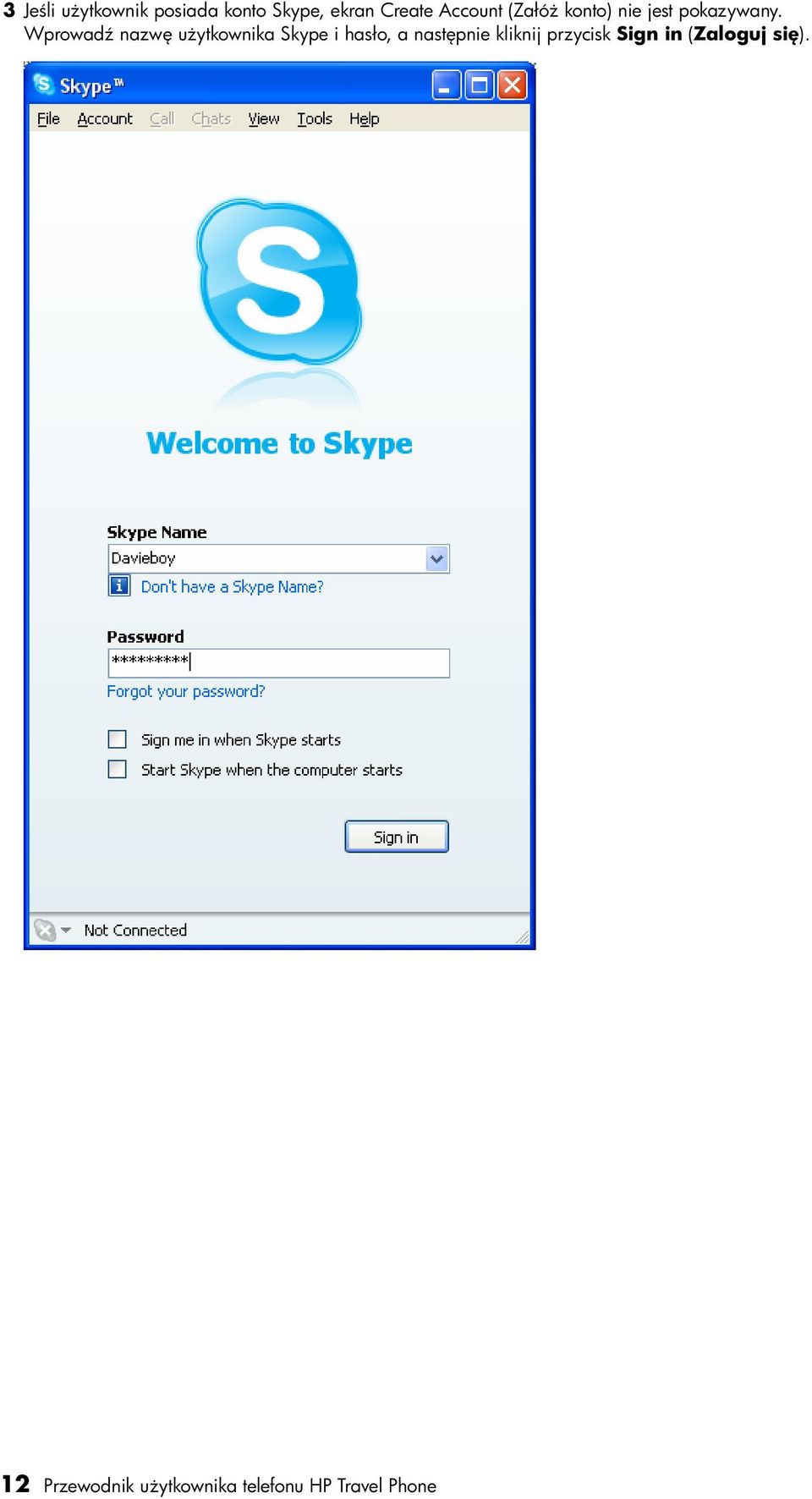 Wprowadź nazwę użytkownika Skype i hasło, a następnie