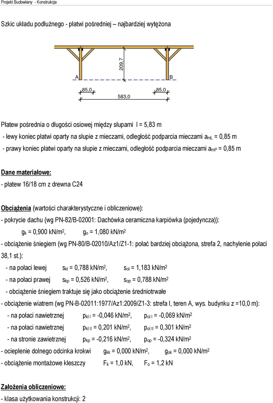 enia (wartoœci charakterystyczne i obliczeniowe): - pokrycie dachu (wg PN-82/B-02001: Dachówka ceramiczna karpiówka (pojedyncza)): gk = 0,900 kn/m 2, go = 1,080 kn/m 2 - obci¹ enie œniegiem (wg