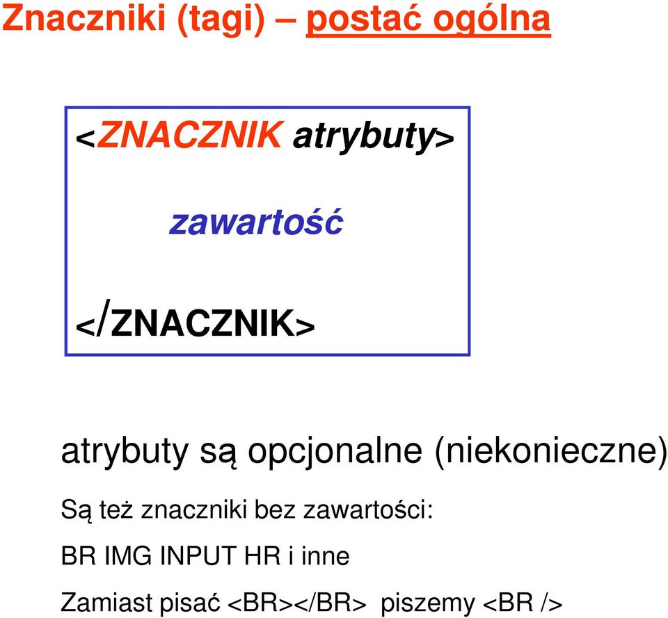 (niekonieczne) Są też znaczniki bez zawartości: BR