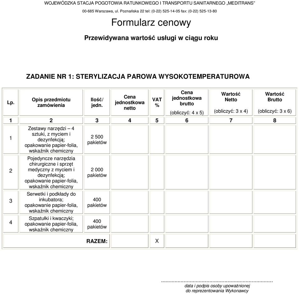 4 Zestawy narzędzi 4 sztuki, z myciem i dezynfekcją; Pojedyncze narzędzia chirurgiczne i sprzęt medyczny z myciem i dezynfekcją; Serwetki i podkłady do