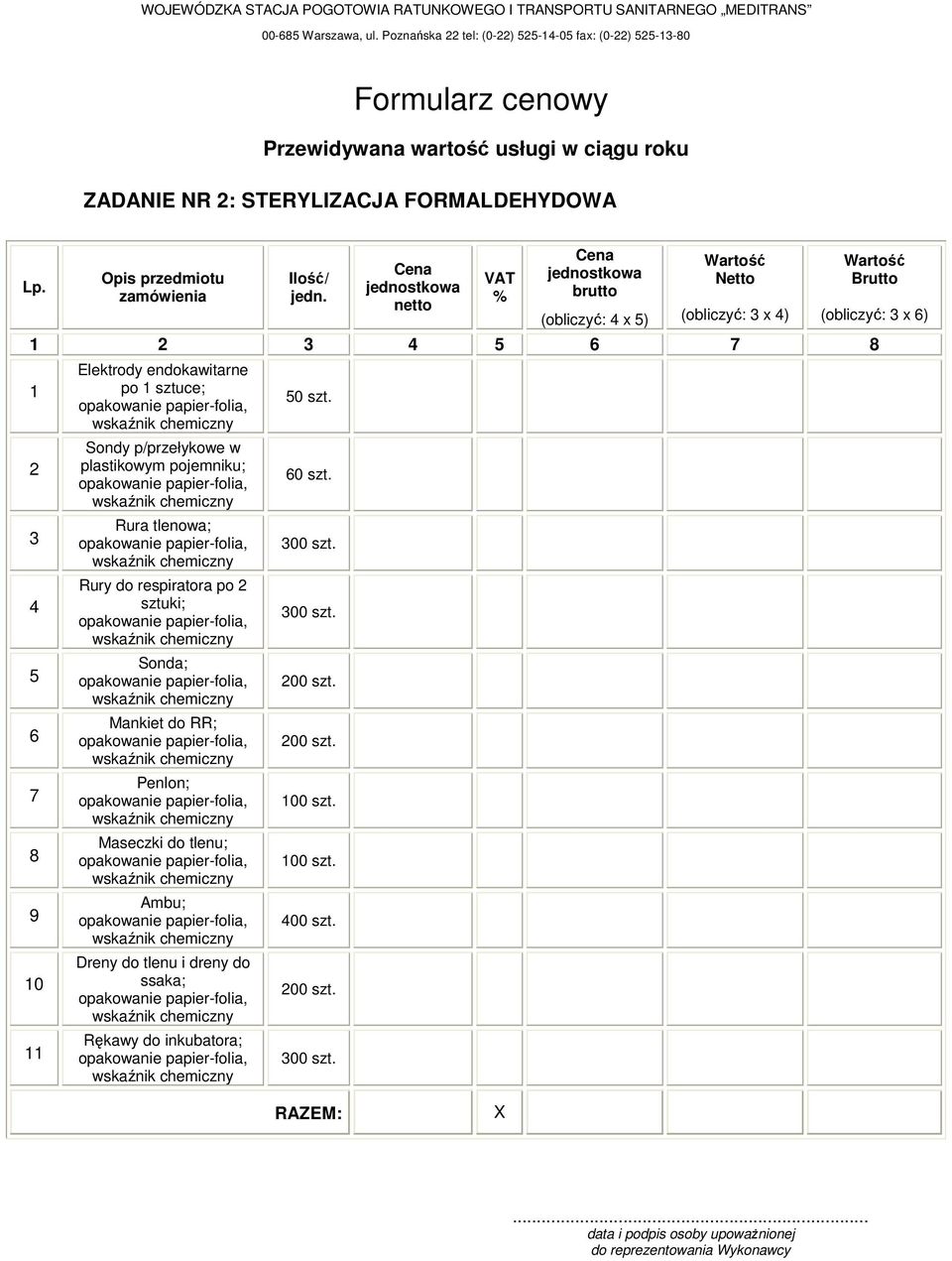 Elektrody endokawitarne po 1 sztuce; Sondy p/przełykowe w plastikowym pojemniku; Rura tlenowa; Rury do respiratora po 2 sztuki; Sonda; Mankiet do RR; Penlon; Maseczki do tlenu;