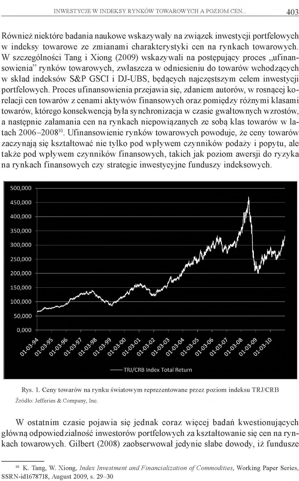 W szczególności Tang i Xiong (2009) wskazywali na postępujący proces ufinansowienia rynków towarowych, zwłaszcza w odniesieniu do towarów wchodzących w skład indeksów S&P GSCI i DJ-UBS, będących