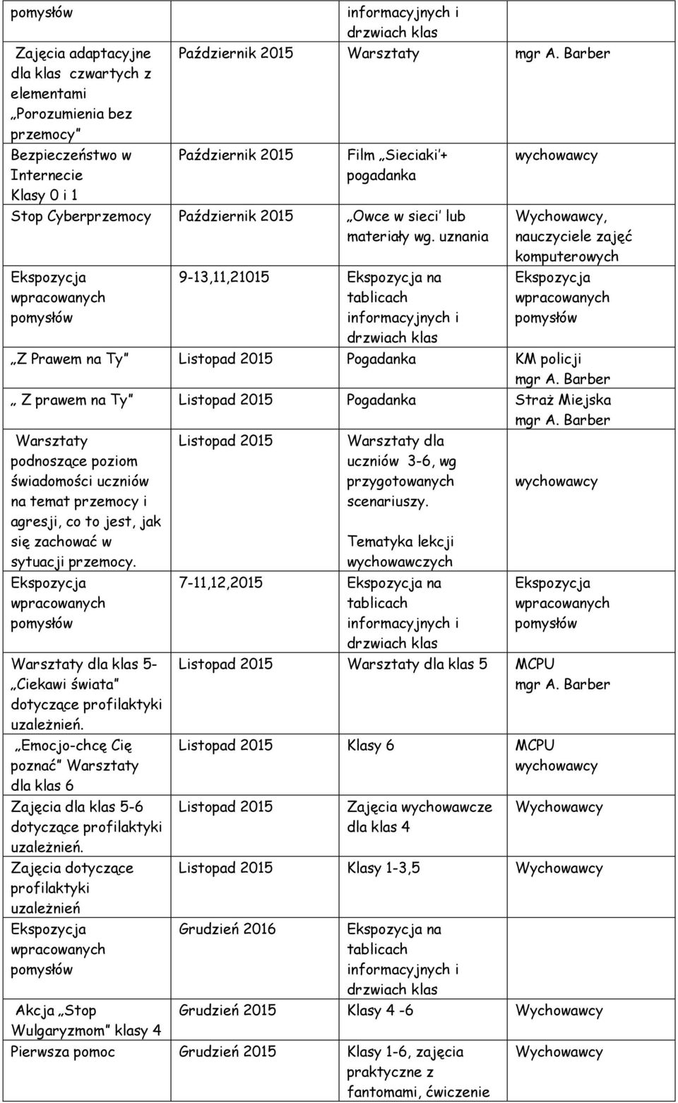 uznania 9-13,11,21015 na, nauczyciele zajęć komputerowych Z Prawem na Ty Listopad 2015 Pogadanka KM policji Z prawem na Ty Listopad 2015 Pogadanka Straż Miejska podnoszące poziom świadomości uczniów