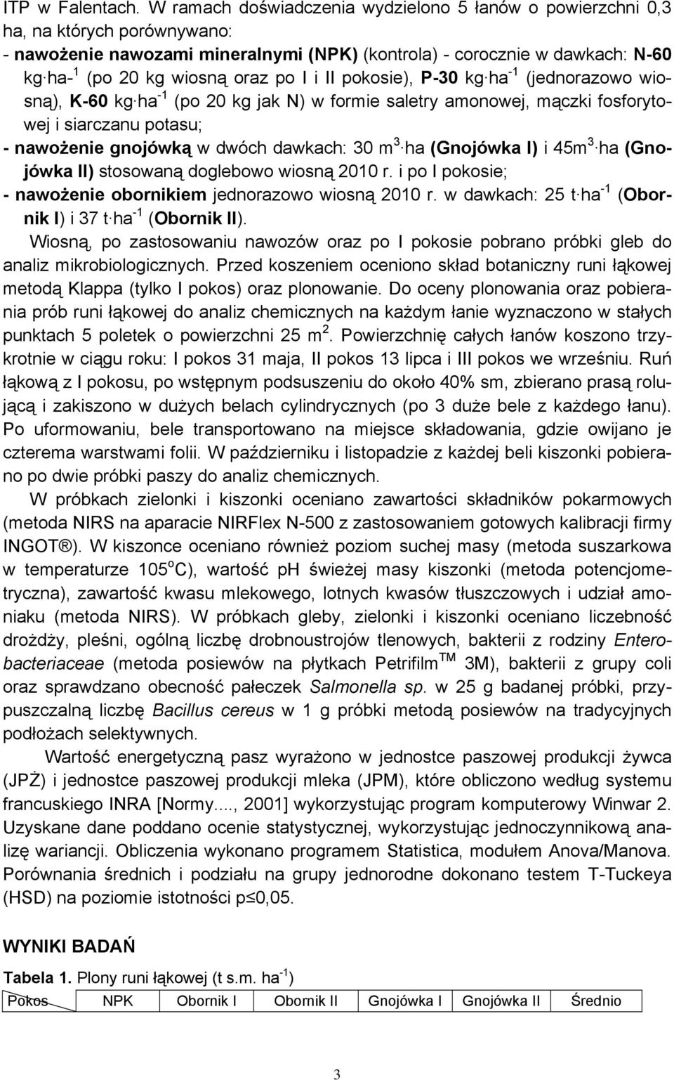 i II pokosie), P-30 kg ha -1 (jednorazowo wiosną), K-60 kg ha -1 (po 20 kg jak N) w formie saletry amonowej, mączki fosforytowej i siarczanu potasu; - nawożenie gnojówką w dwóch dawkach: 30 m 3 ha ()