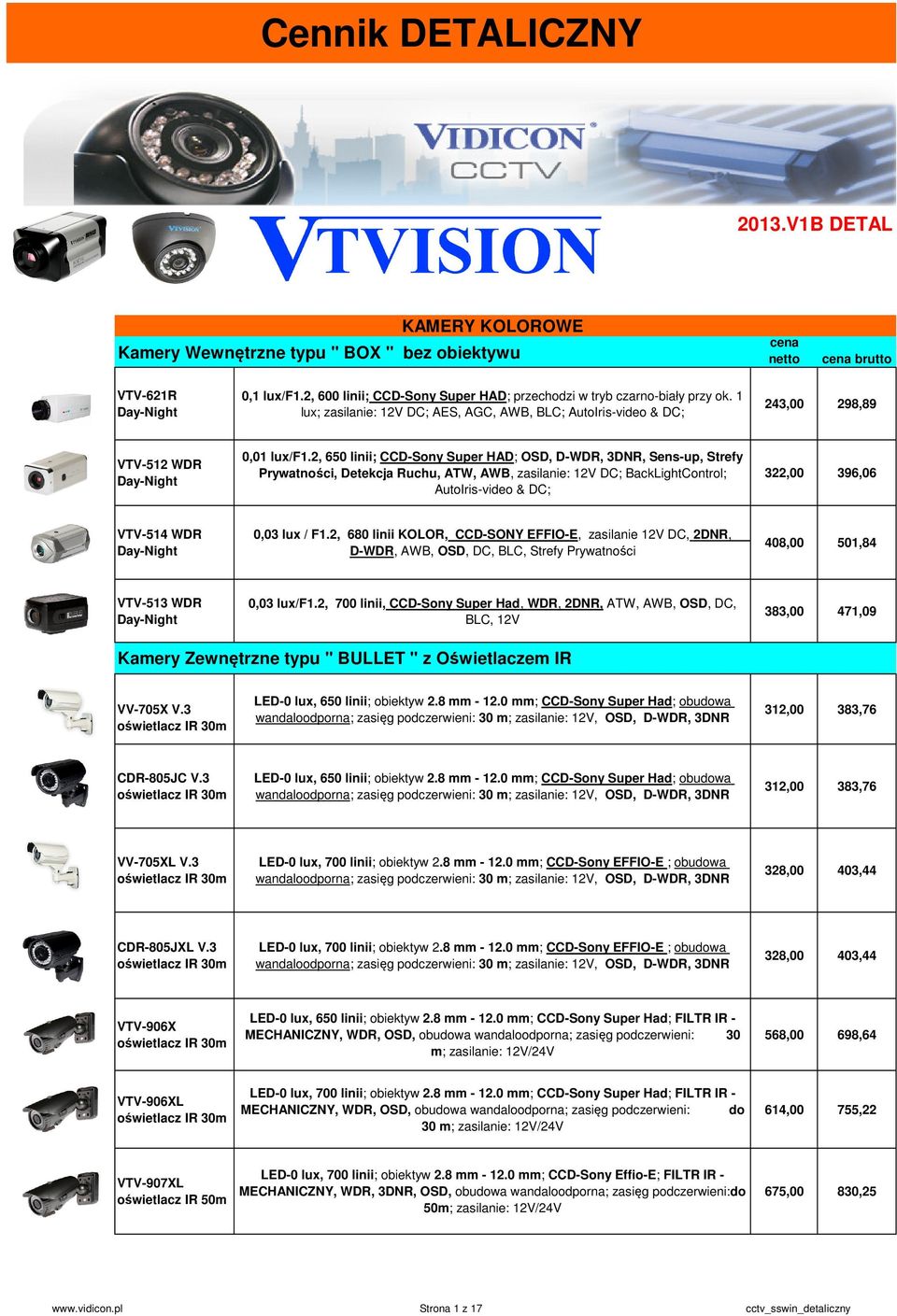 2, 650 linii; CCD-Sony Super HAD; OSD, D-WDR, 3DNR, Sens-up, Strefy Prywatności, Detekcja Ruchu, ATW, AWB, zasilanie: 12V DC; BackLightControl; AutoIris-video & DC; 322,00 396,06 VTV-514 WDR