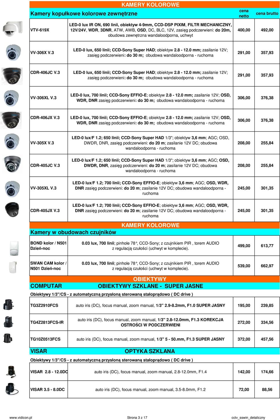 0 mm; zasilanie 12V; zasięg podczerwieni: do 30 m; obudowa wandaloodporna - ruchoma 291,00 357,93 CDR-406JC V.3 LED-0 lux, 650 linii; CCD-Sony Super HAD; obiektyw 2.8-12.