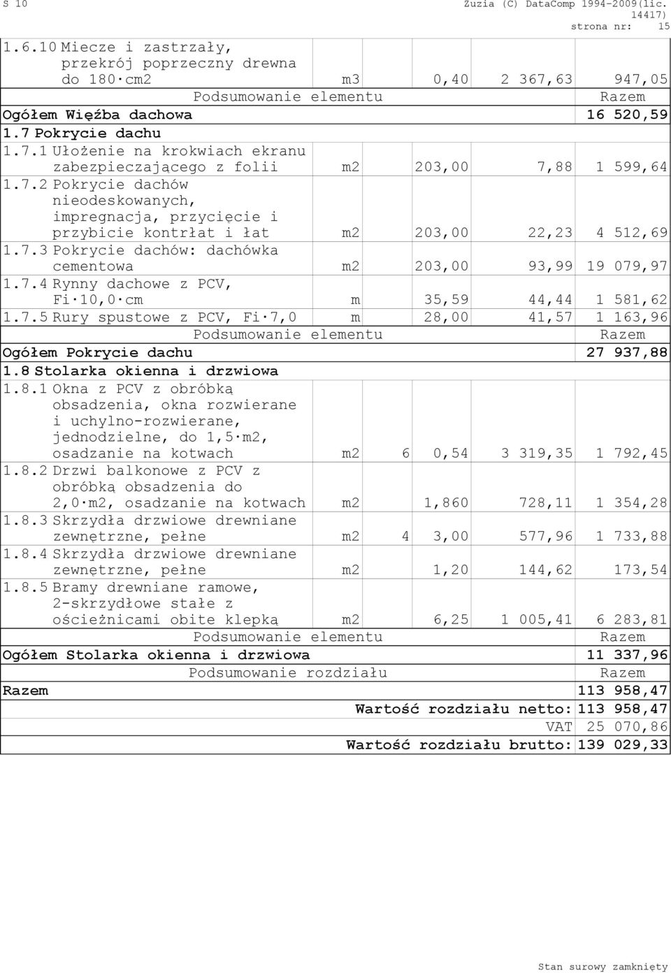 7.5 Rury spustowe z PCV, Fi 7,0 m 28,00 41,57 1 163,96 Ogółem Pokrycie dachu 27 937,88 1.8 Stolarka okienna i drzwiowa 1.8.1 Okna z PCV z obróbką obsadzenia, okna rozwierane i uchylno-rozwierane, jednodzielne, do 1,5 m2, osadzanie na kotwach m2 6 0,54 3 319,35 1 792,45 1.