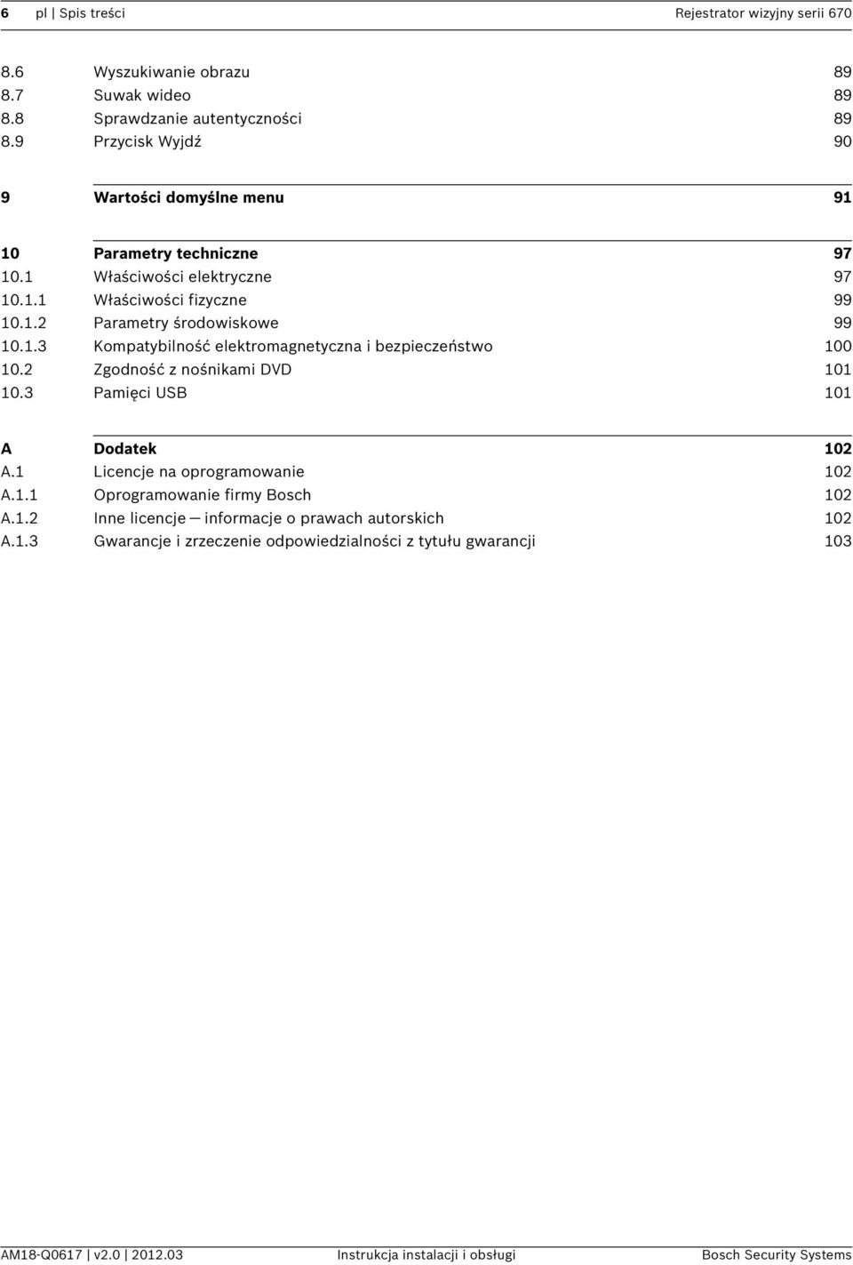 2 Zgodność z nośnikami DVD 101 10.3 Pamięci USB 101 A Dodatek 102 A.1 Licencje na oprogramowanie 102 A.1.1 Oprogramowanie firmy Bosch 102 A.1.2 Inne licencje informacje o prawach autorskich 102 A.