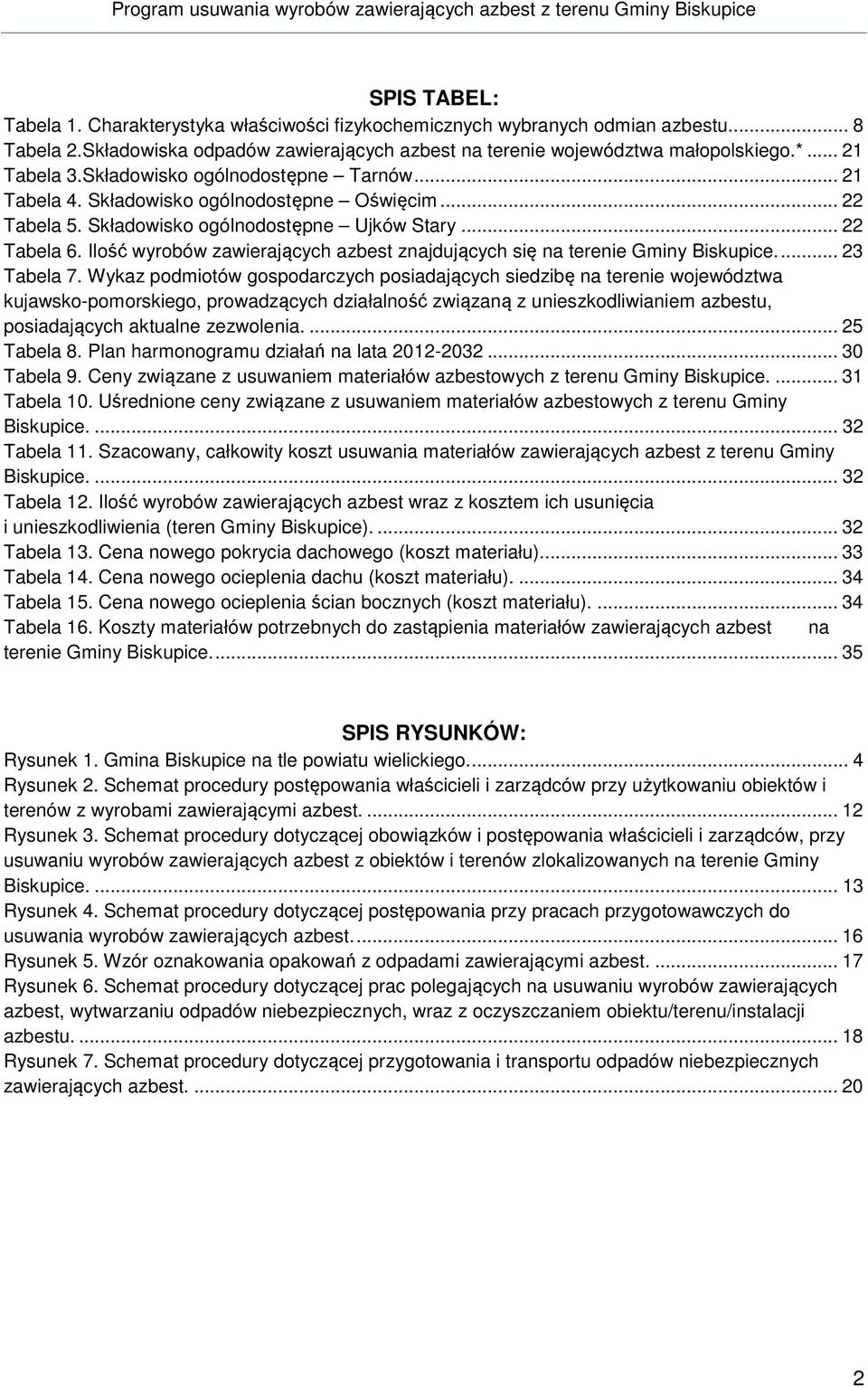 Ilość wyrobów zawierających azbest znajdujących się na terenie Gminy Biskupice.... 23 Tabela 7.