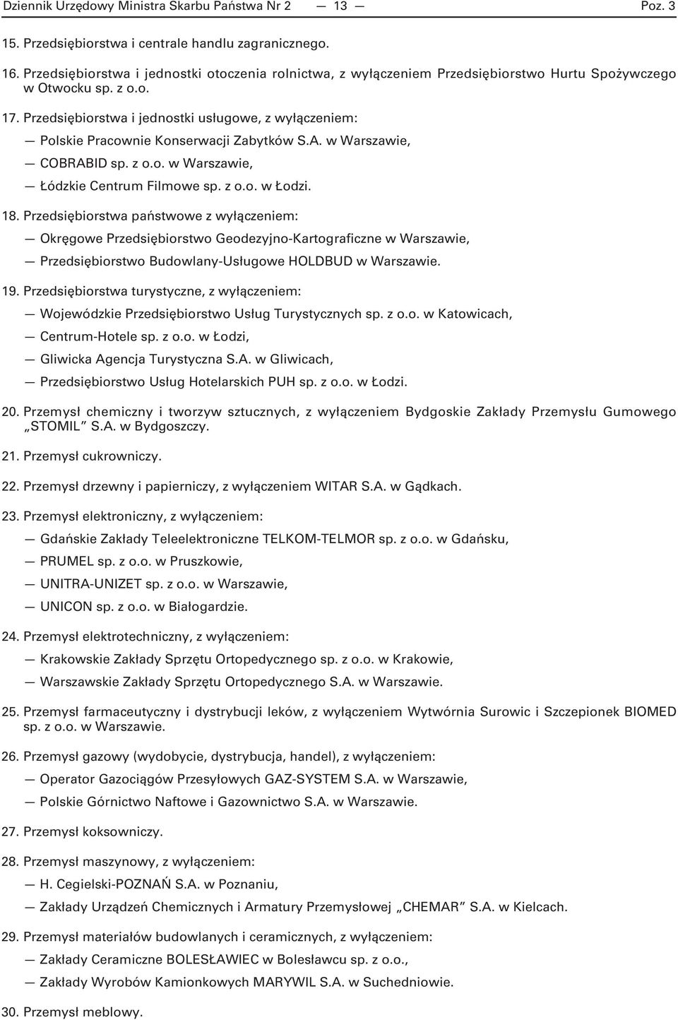 Przedsiębiorstwa i jednostki usługowe, z wyłączeniem: Polskie Pracownie Konserwacji Zabytków S.A. w Warszawie, COBRABID sp. z o.o. w Warszawie, Łódzkie Centrum Filmowe sp. z o.o. w Łodzi. 18.