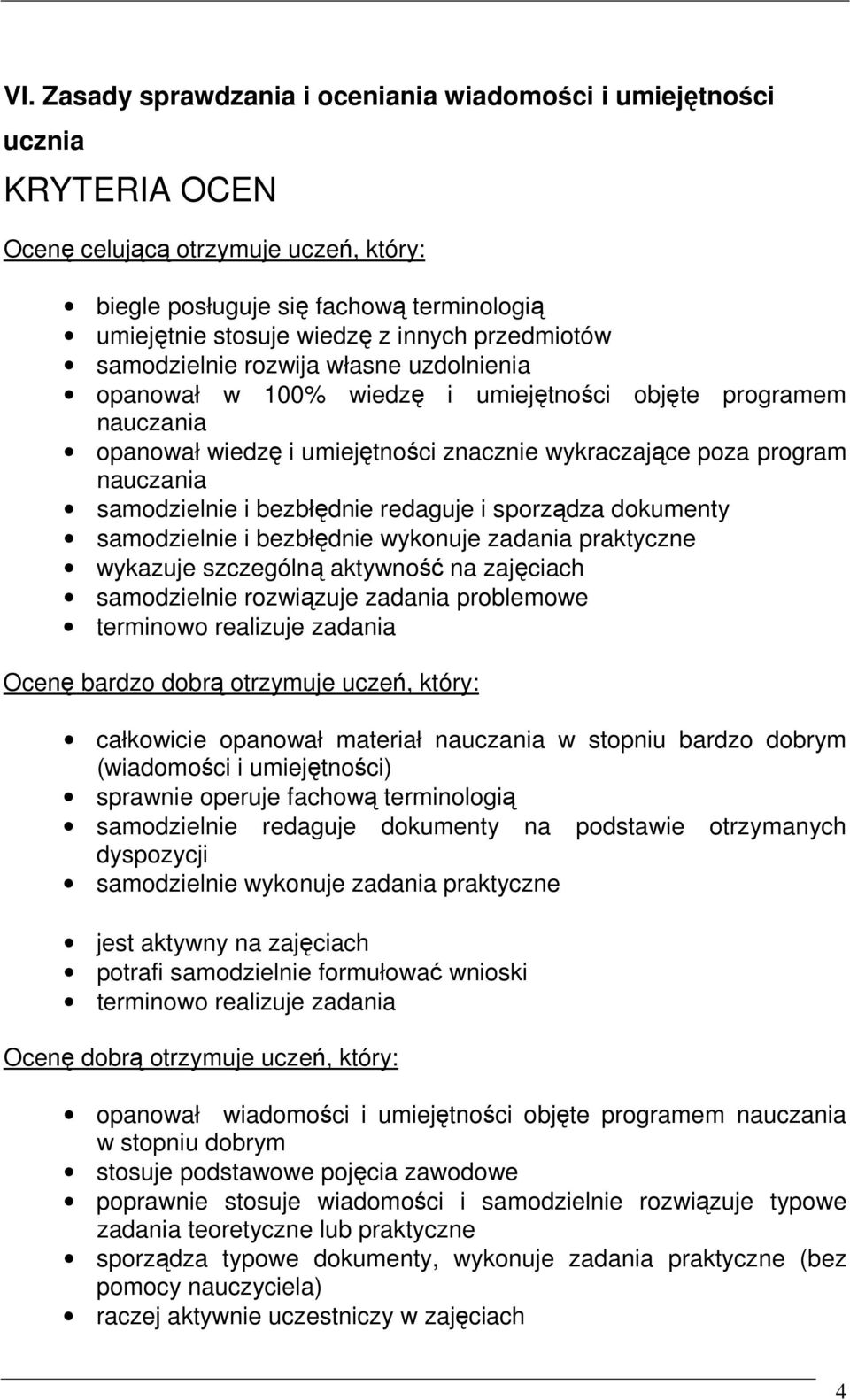 samodzielnie i bezbłędnie redaguje i sporządza dokumenty samodzielnie i bezbłędnie wykonuje zadania praktyczne wykazuje szczególną aktywność na zajęciach samodzielnie rozwiązuje zadania problemowe