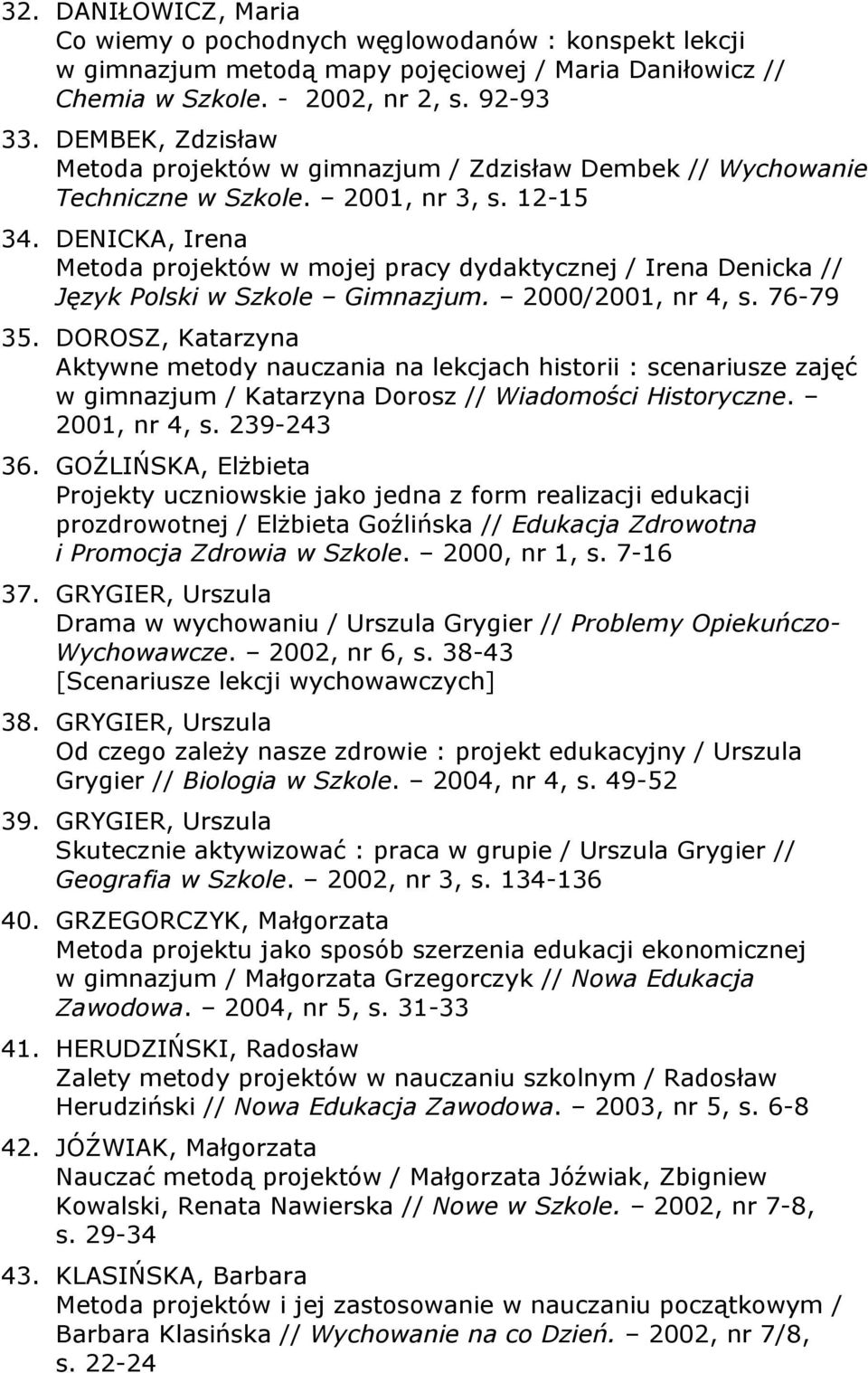 DENICKA, Irena Metoda projektów w mojej pracy dydaktycznej / Irena Denicka // Język Polski w Szkole Gimnazjum. 2000/2001, nr 4, s. 76-79 35.