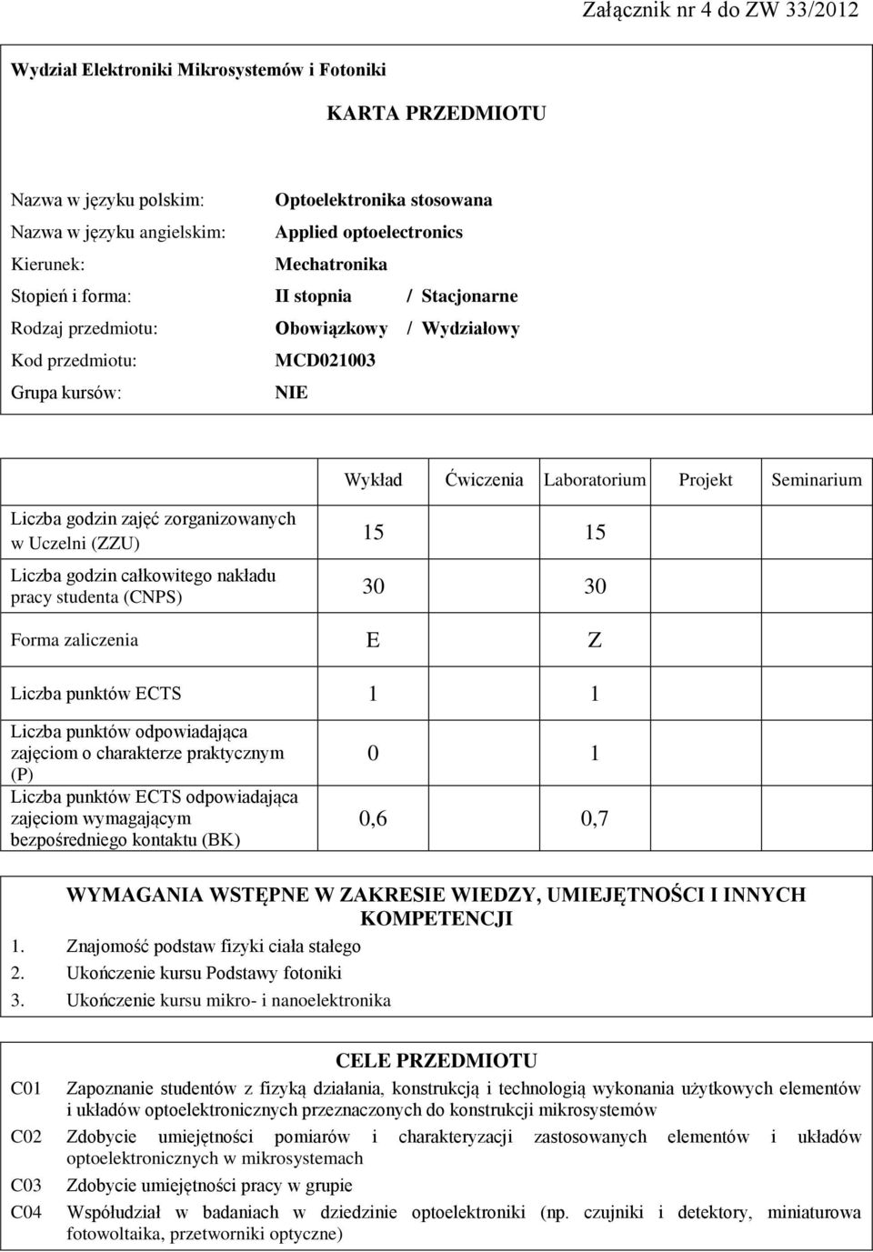 w Uczelni (ZZU) całkowitego nakładu pracy studenta (CNPS) 15 15 30 30 Forma zaliczenia E Z Liczba punktów ECTS 1 1 Liczba punktów odpowiadająca zajęciom o charakterze praktycznym (P) Liczba punktów