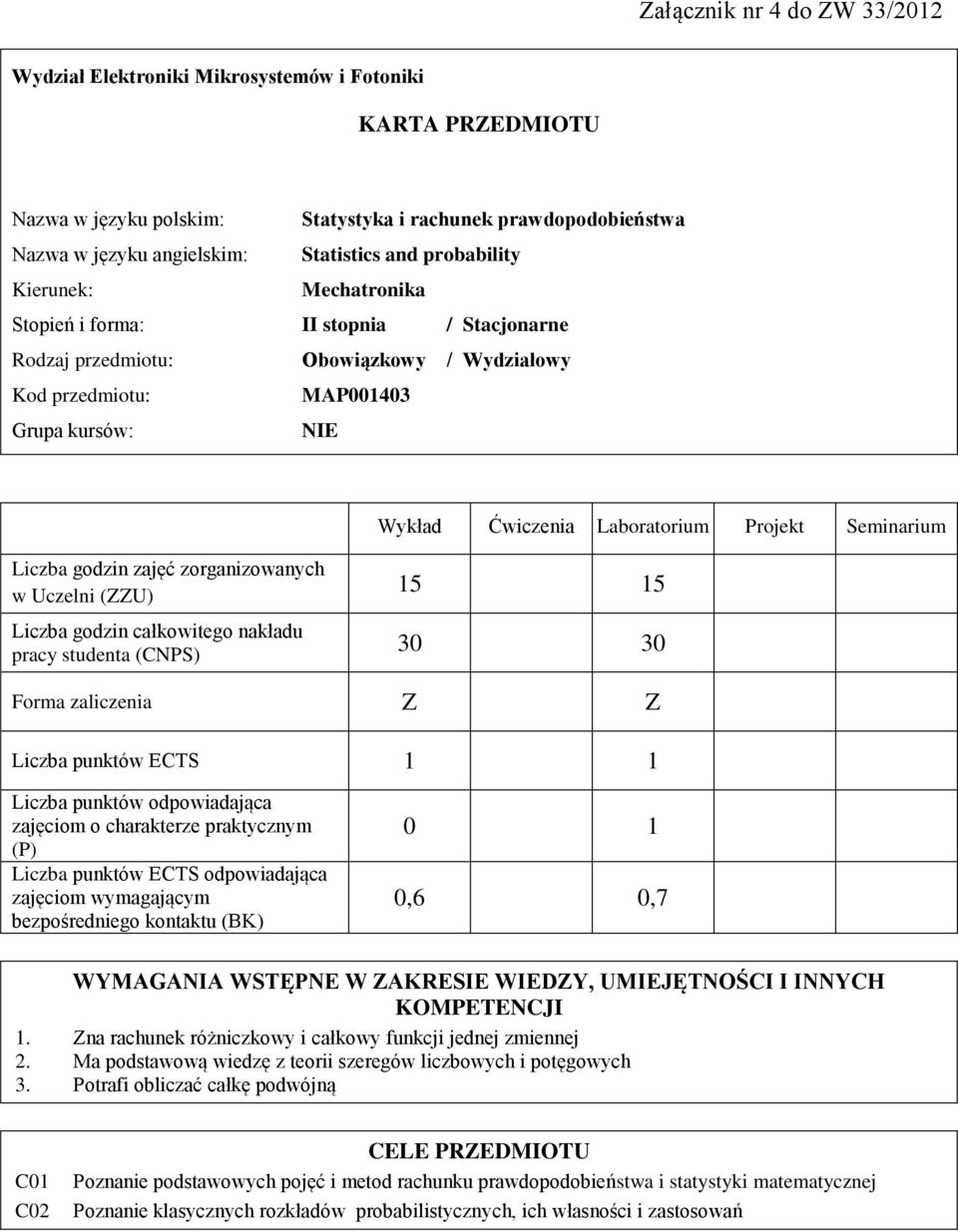 Seminarium zajęć zorganizowanych w Uczelni (ZZU) całkowitego nakładu pracy studenta (CNPS) 15 15 30 30 Forma zaliczenia Z Z Liczba punktów ECTS 1 1 Liczba punktów odpowiadająca zajęciom o charakterze