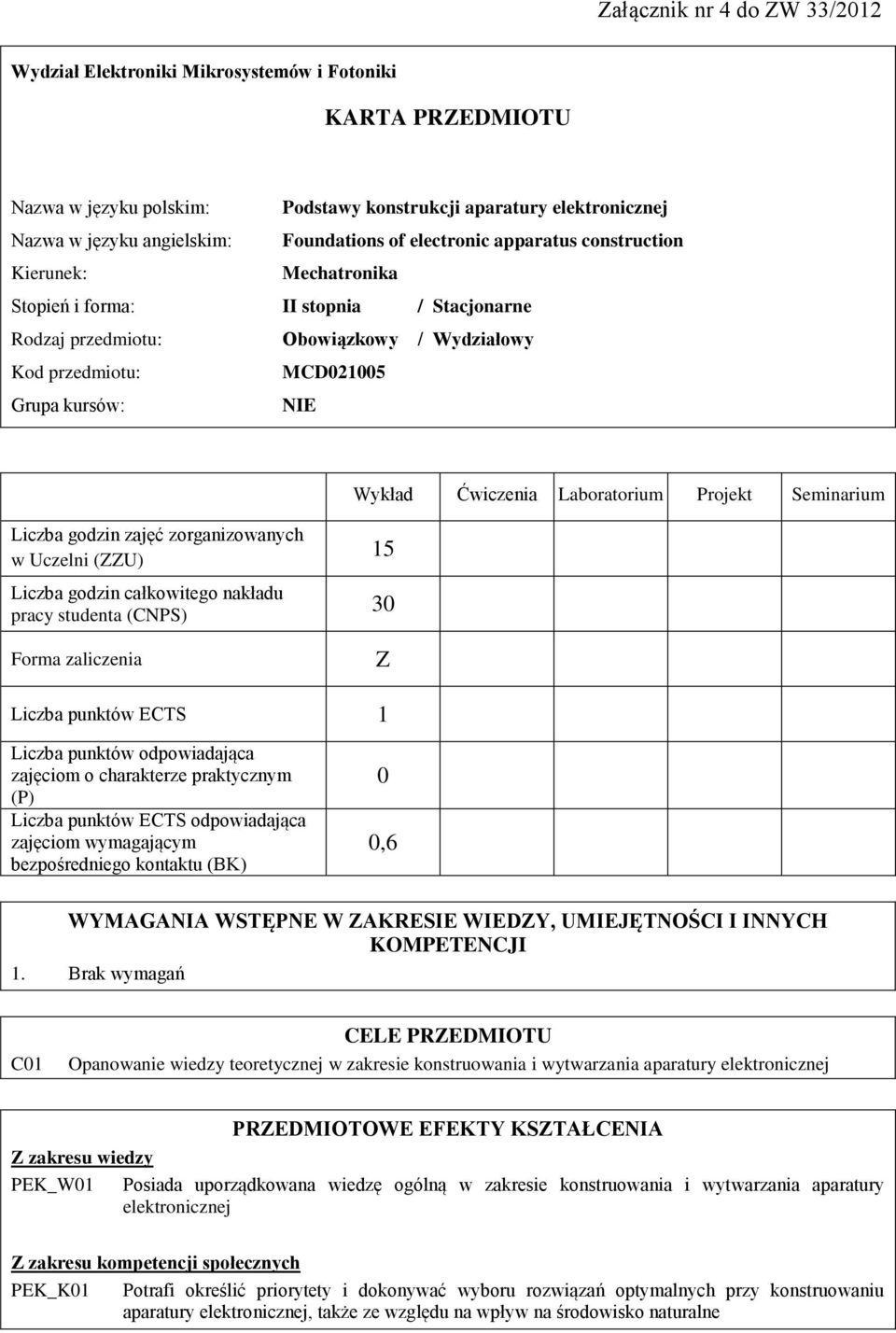 Laboratorium Projekt Seminarium zajęć zorganizowanych w Uczelni (ZZU) całkowitego nakładu pracy studenta (CNPS) Forma zaliczenia 15 30 Z Liczba punktów ECTS 1 Liczba punktów odpowiadająca zajęciom o