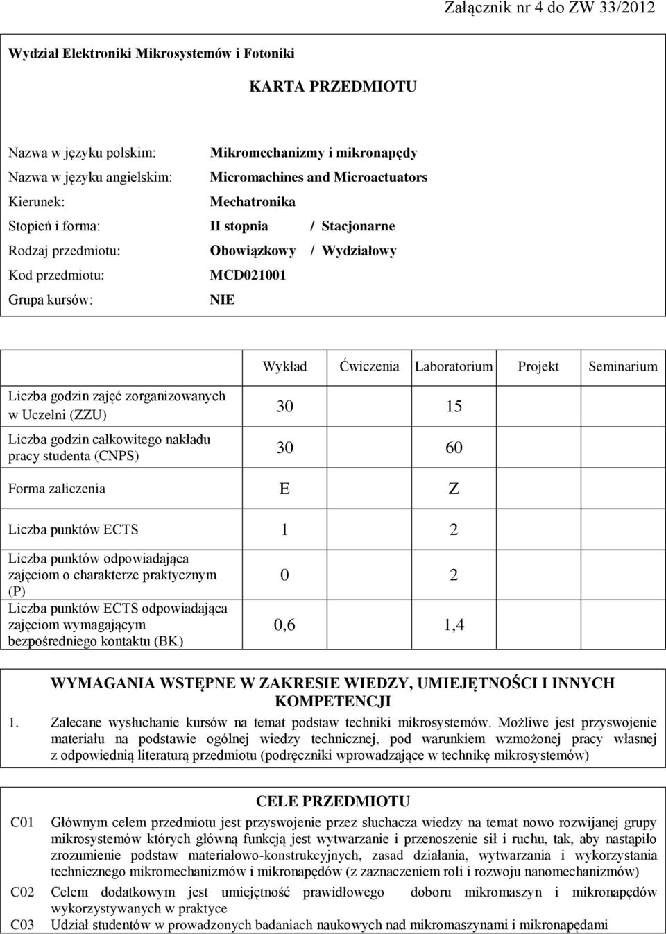 Seminarium zajęć zorganizowanych w Uczelni (ZZU) całkowitego nakładu pracy studenta (CNPS) 30 15 30 60 Forma zaliczenia E Z Liczba punktów ECTS 1 Liczba punktów odpowiadająca zajęciom o charakterze