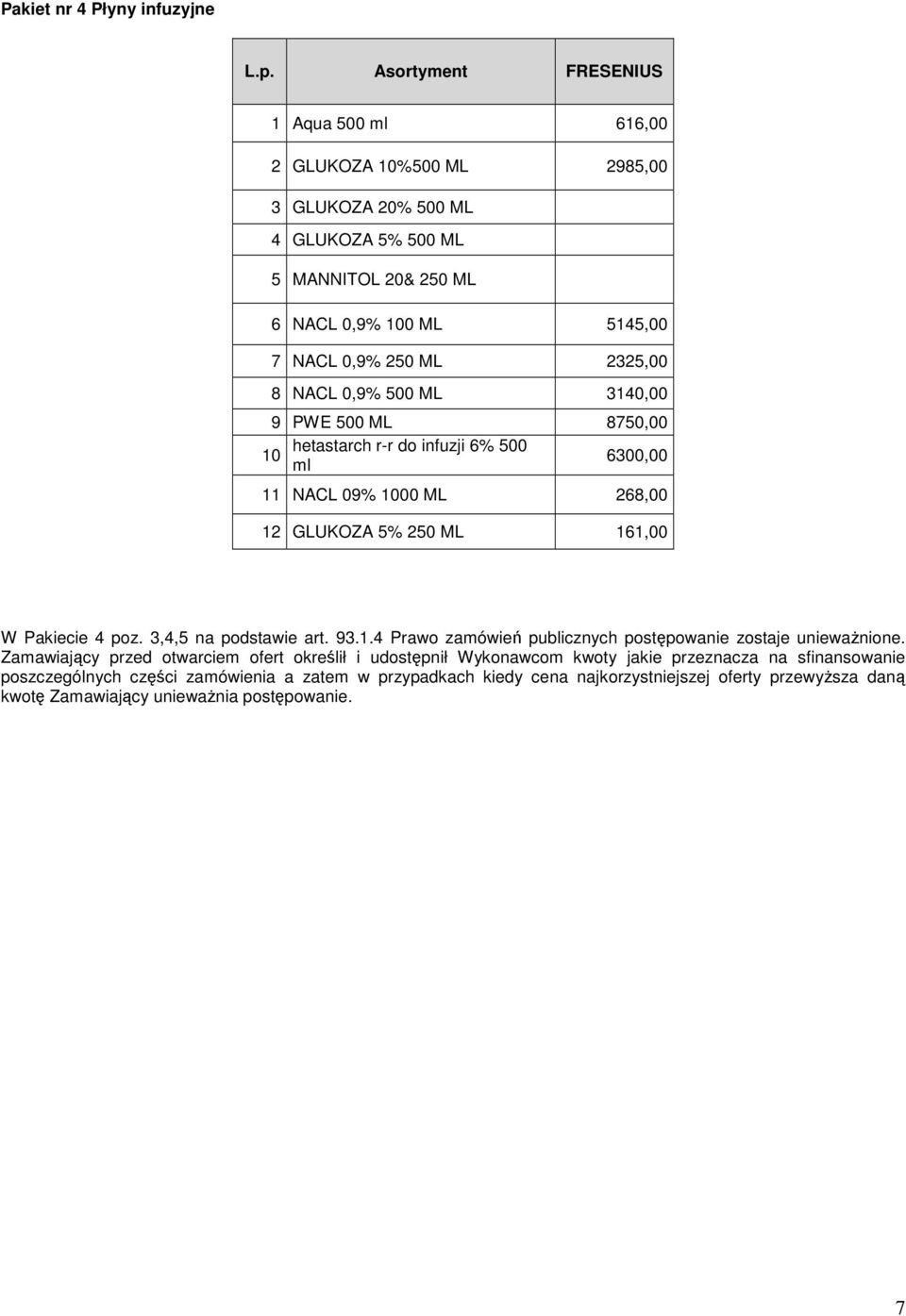 2325,00 8 NACL 0,9% 500 ML 3140,00 9 PWE 500 ML 8750,00 hetastarch r-r do infuzji 6% 500 10 ml 6300,00 11 NACL 09% 1000 ML 268,00 12 GLUKOZA 5% 250 ML 161,00 W Pakiecie 4 poz.