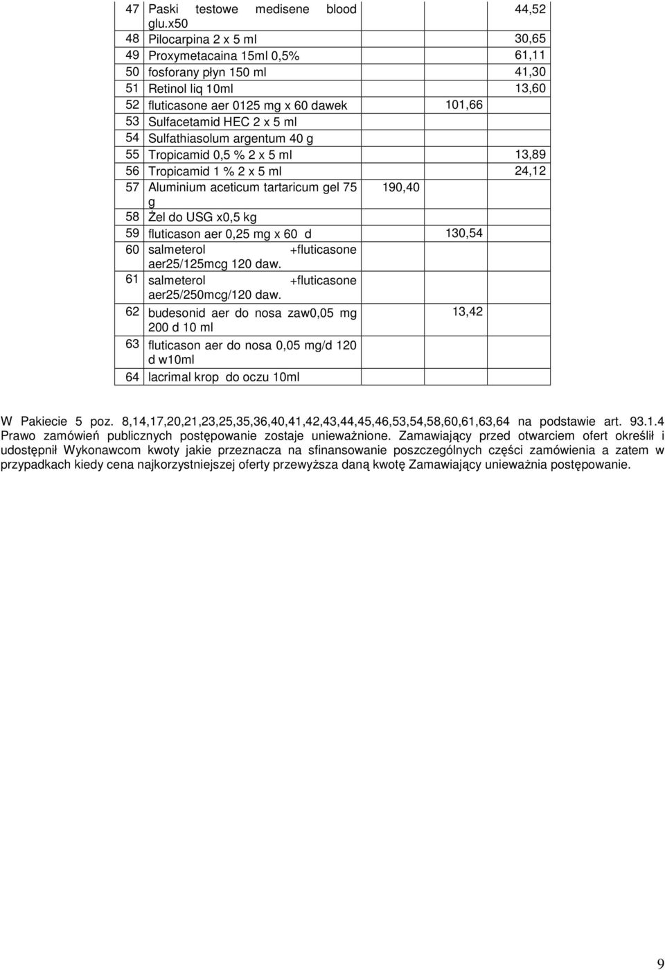 54 Sulfathiasolum argentum 40 g 55 Tropicamid 0,5 % 2 x 5 ml 13,89 56 Tropicamid 1 % 2 x 5 ml 24,12 57 Aluminium aceticum tartaricum gel 75 190,40 g 58 śel do USG x0,5 kg 59 fluticason aer 0,25 mg x