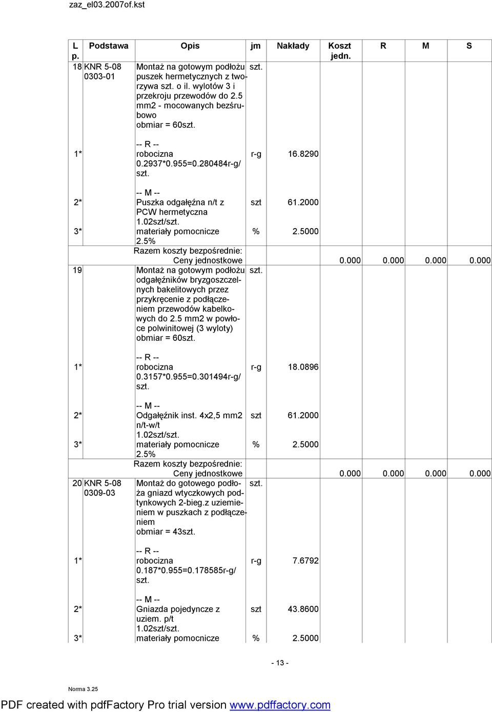 5000 19 Montaż na gotowy podłożu odgałęźników bryzgoszczelnych bakelitowych przez przykręcenie z podłączenie przewodów kabelkowych do 2.