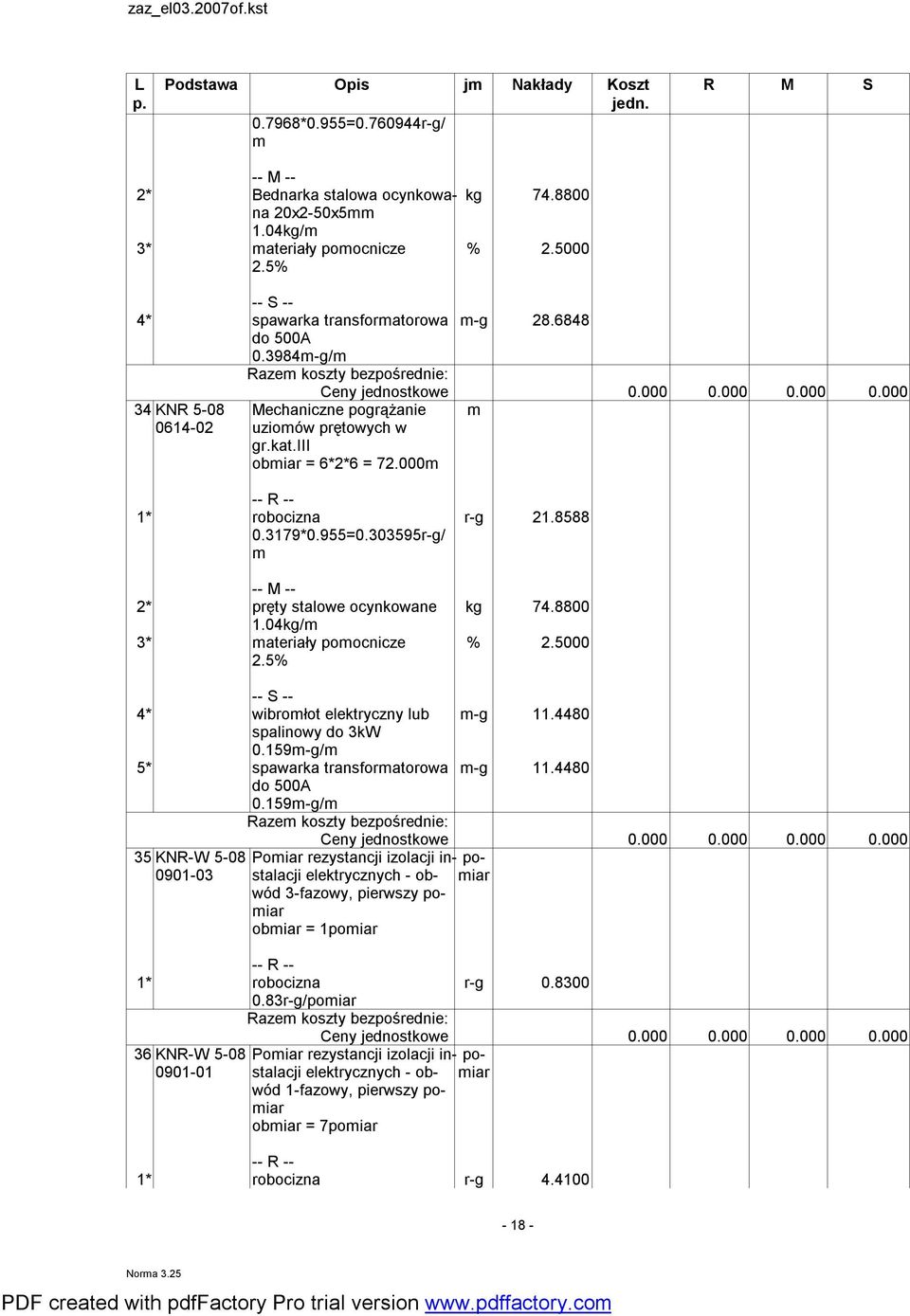 8800 1.04kg/ 3* ateriały poocnicze % 2.5000 -- S -- 4* wibrołot elektryczny lub spalinowy do 3kW 0.159-g/ 5* spawarka transforatorowa do 500A 0.159-g/ 35KNR-W 0901-03 -g 11.4480 -g 11.