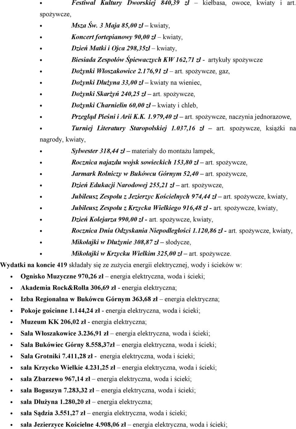 spożywcze, gaz, Dożynki Dłużyna 33,00 zł kwiaty na wieniec, Dożynki Skarżyń 240,25 zł art. spożywcze, Dożynki Charnielin 60,00 zł kwiaty i chleb, Przegląd Pieśni i Arii K.K. 1.979,40 zł art.