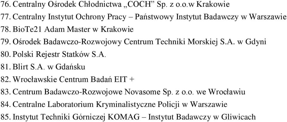 Ośrodek Badawczo-Rozwojowy Centrum Techniki Morskiej S.A. w Gdyni 80. Polski Rejestr Statków S.A. 81. Blirt S.A. w Gdańsku 82.