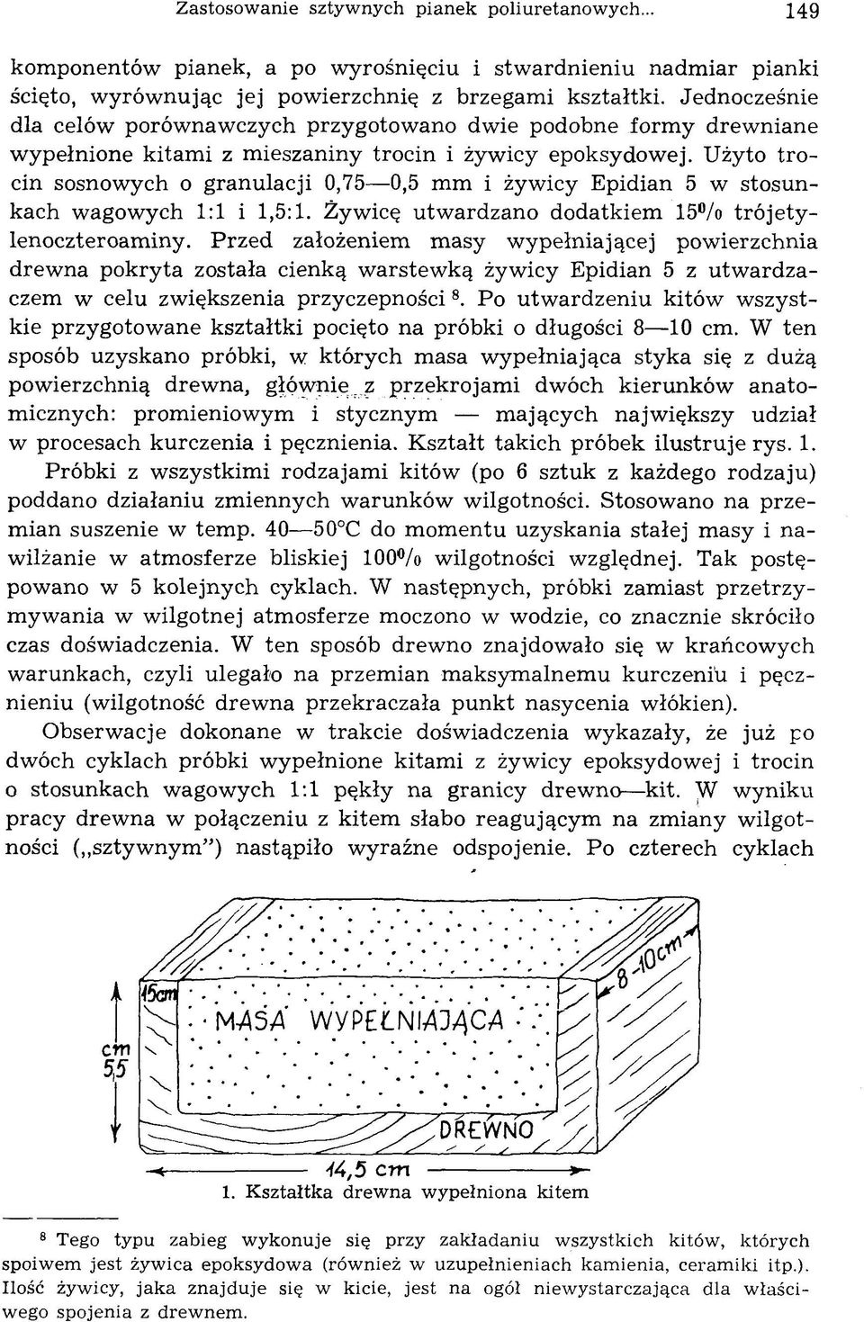 Użyto tro cin sosnowych o granulacji 0,75 0,5 m m i żywicy Epidian 5 w stosunkach wagowych 1:1 i 1,5:1. Żywicę utw ardzano dodatkiem 15% trójetylenoczteroaminy.