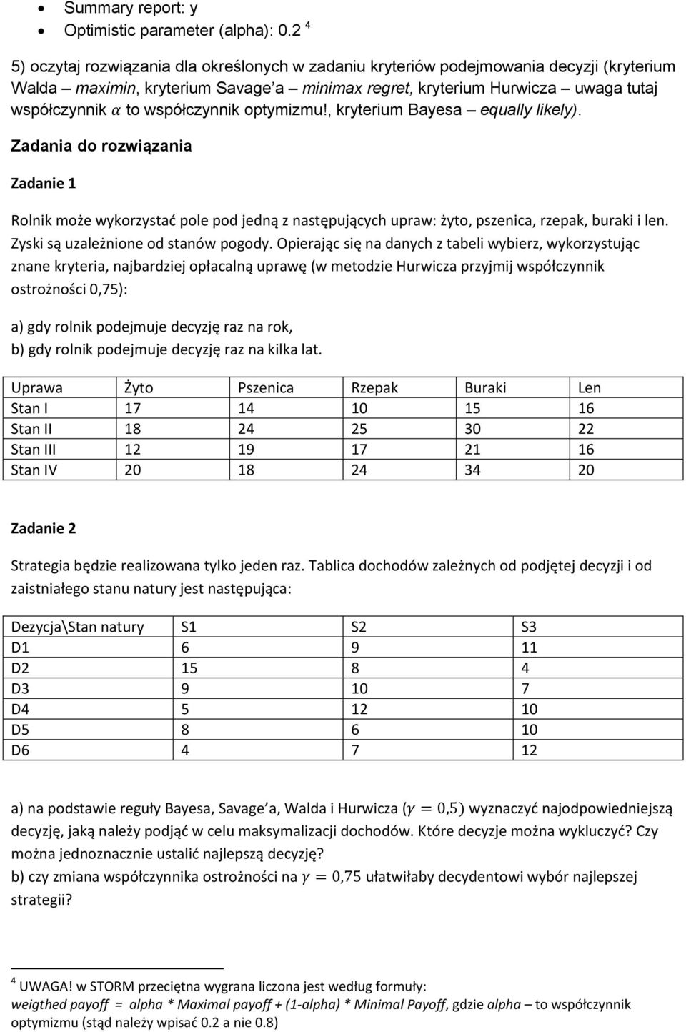 współczynnik optymizmu!, kryterium Bayesa equally likely). Zadania do rozwiązania Zadanie 1 Rolnik może wykorzystać pole pod jedną z następujących upraw: żyto, pszenica, rzepak, buraki i len.