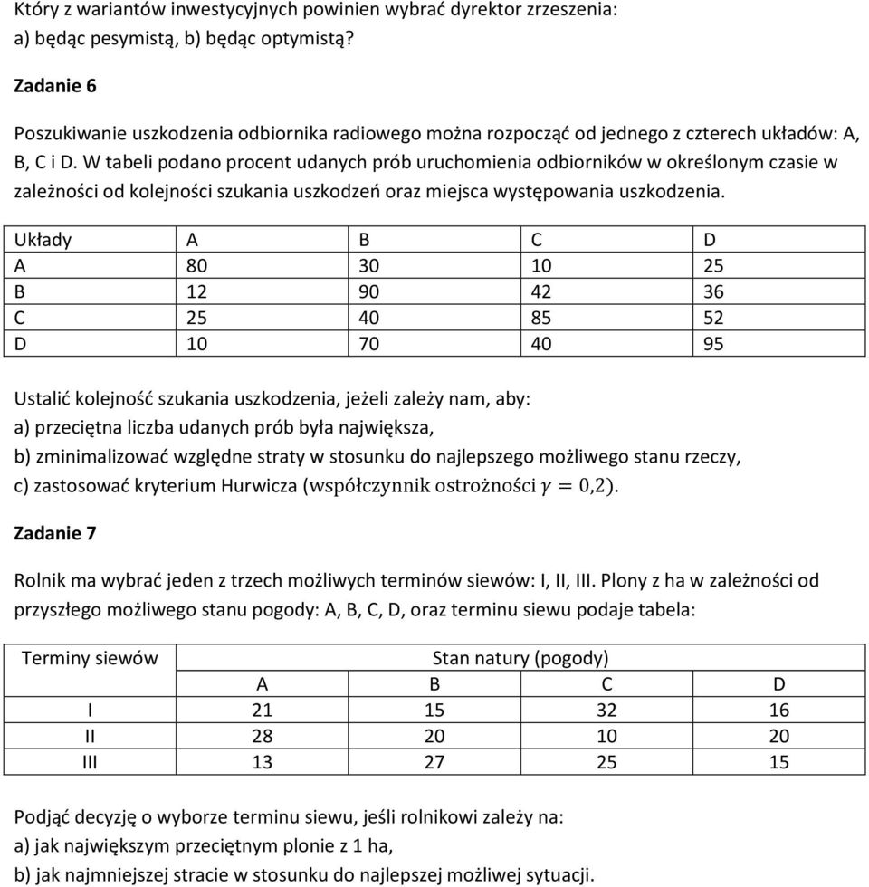 W tabeli podano procent udanych prób uruchomienia odbiorników w określonym czasie w zależności od kolejności szukania uszkodzeń oraz miejsca występowania uszkodzenia.