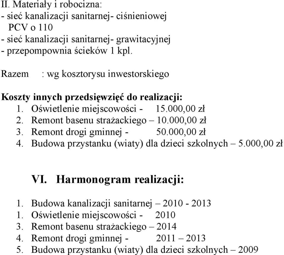 000,00 zł 3. Remont drogi gminnej - 50.000,00 zł 4. Budowa przystanku (wiaty) dla dzieci szkolnych 5.000,00 zł VI. Harmonogram realizacji: 1.