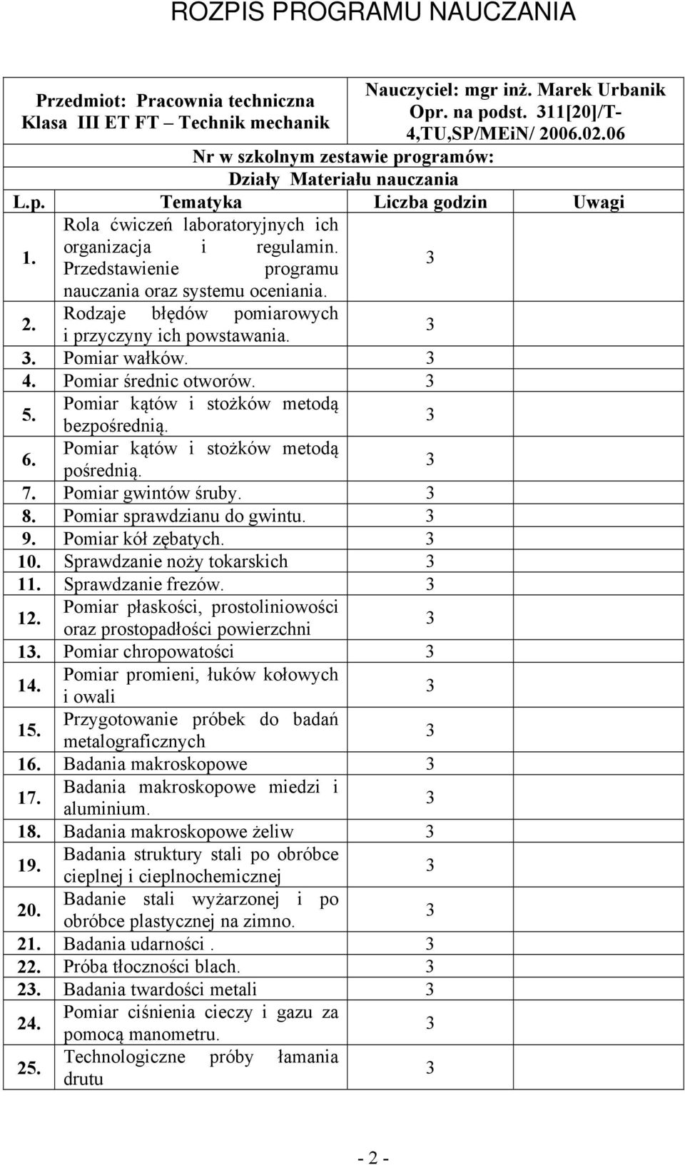 Przedstawienie programu nauczania oraz systemu oceniania. 2. Rodzaje błędów pomiarowych i przyczyny ich powstawania.. Pomiar wałków. 4. Pomiar średnic otworów. 5.