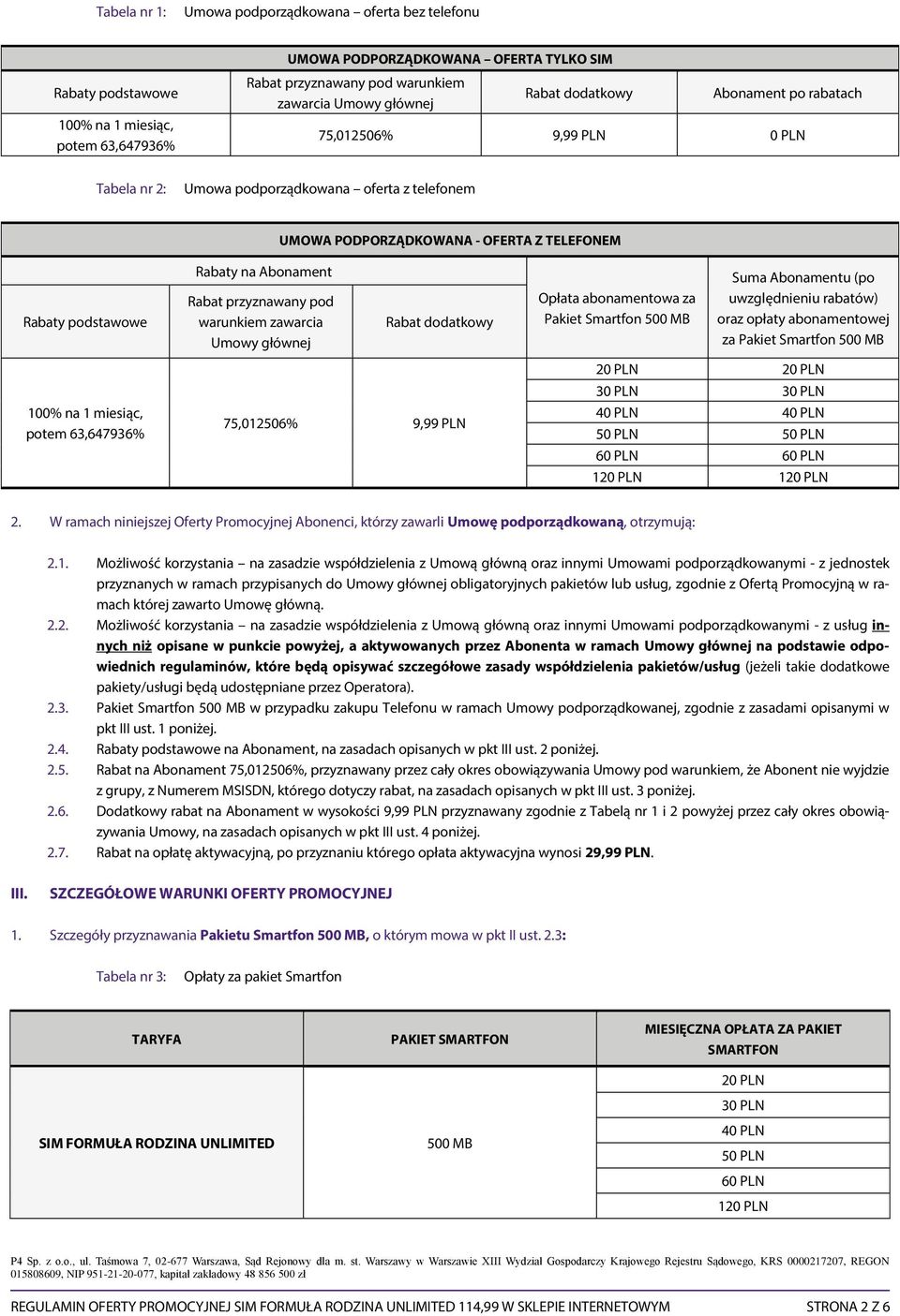 Abonament Rabat przyznawany pod warunkiem zawarcia Umowy głównej Rabat dodatkowy Opłata abonamentowa za Pakiet Smartfon 500 MB Suma Abonamentu (po uwzględnieniu rabatów) oraz opłaty abonamentowej za