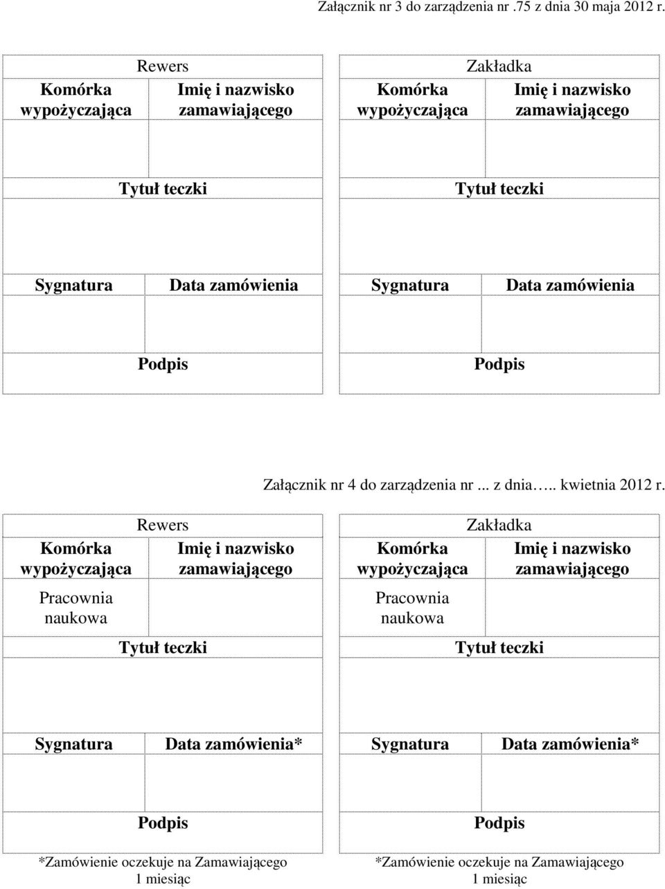 zamówienia Sygnatura Data zamówienia Podpis Podpis Załącznik nr 4 do zarządzenia nr... z dnia.. kwietnia 2012 r.