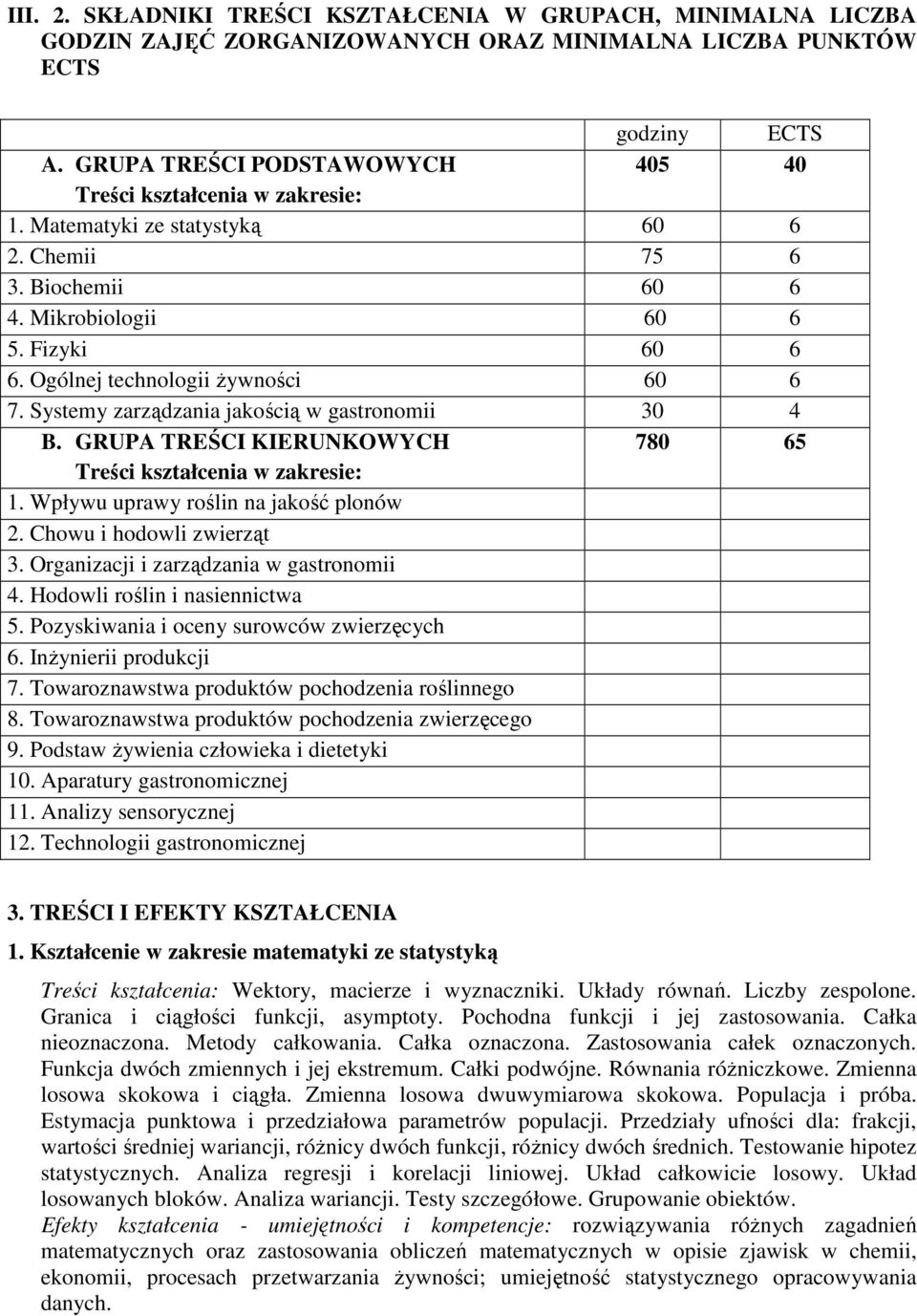 Ogólnej technologii żywności 60 6 7. Systemy zarządzania jakością w gastronomii 30 4 B. GRUPA TREŚCI KIERUNKOWYCH 780 65 Treści kształcenia w zakresie: 1. Wpływu uprawy roślin na jakość plonów 60 5 2.