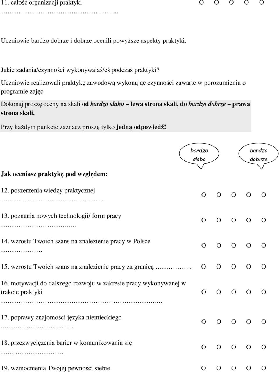 Przy każdym punkcie zaznacz proszę tylko jedną odpowiedź! słabo dobrze Jak oceniasz praktykę pod względem: 12. poszerzenia wiedzy praktycznej.. 13. poznania nowych technologii/ form pracy.. 14.