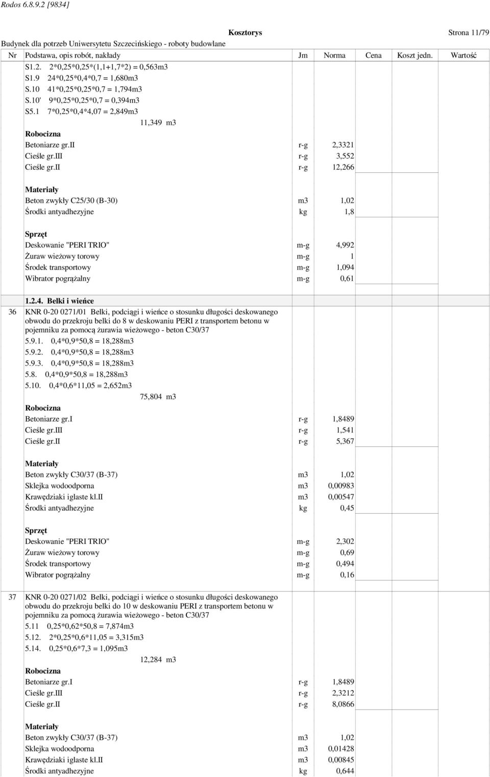 ii r-g 12,266 Beton zwykły C25/30 (B-30) m3 1,02 Środki antyadhezyjne kg 1,8 Deskowanie "PERI TRIO" m-g 4,