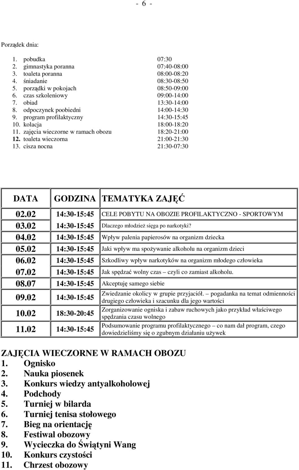 toaleta wieczorna 21:00-21:30 13. cisza nocna 21:30-07:30 DATA GODZINA TEMATYKA ZAJĘĆ 02.02 14:30-15:45 CELE POBYTU NA OBOZIE PROFILAKTYCZNO - SPORTOWYM 03.