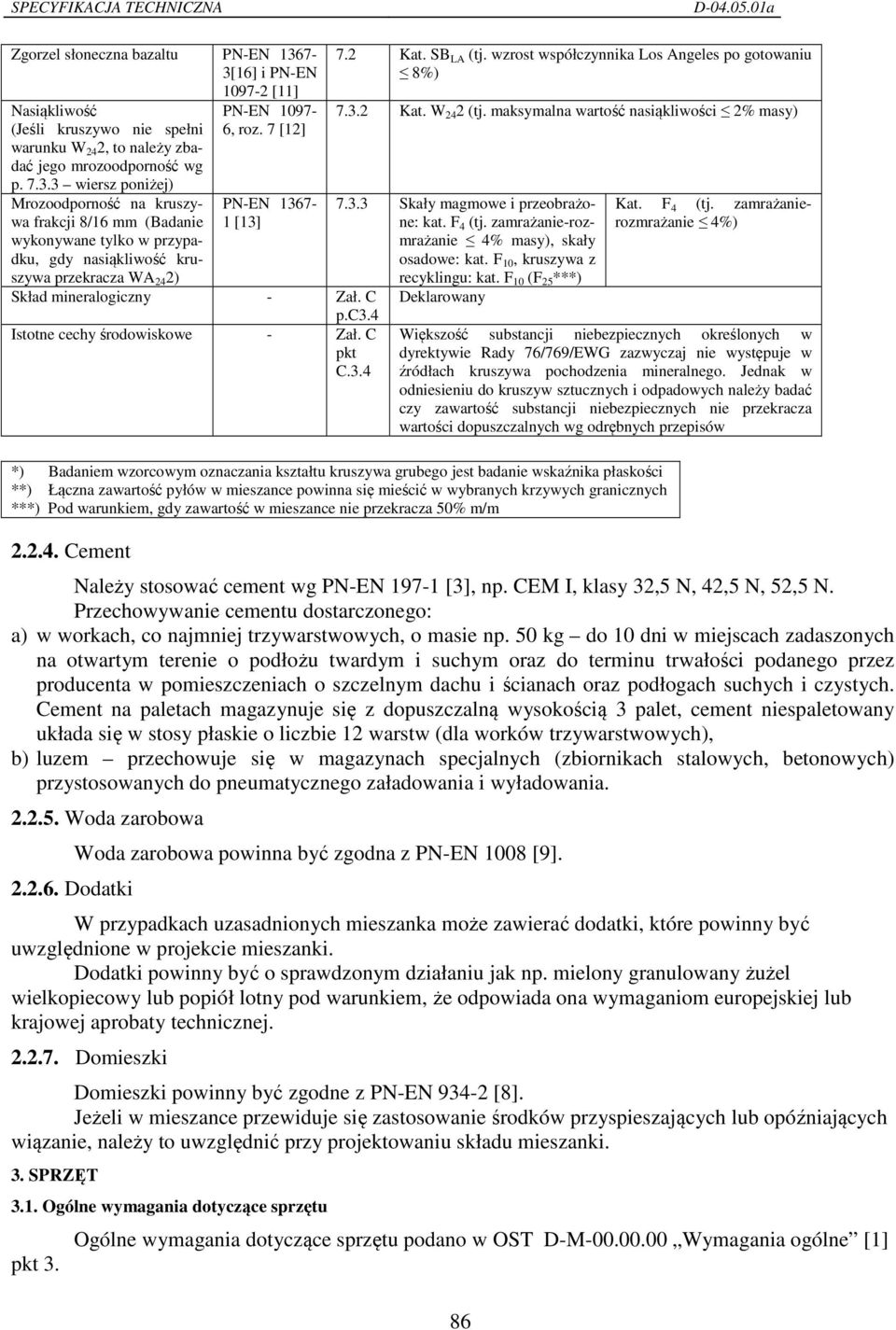 maksymalna wartość nasiąkliwości 2% masy) 7.3.3 Skały magmowe i przeobrażone: kat. F 4 (tj. zamrażanie-rozmrażanie 4% masy), skały osadowe: kat. F 10, kruszywa z recyklingu: kat.