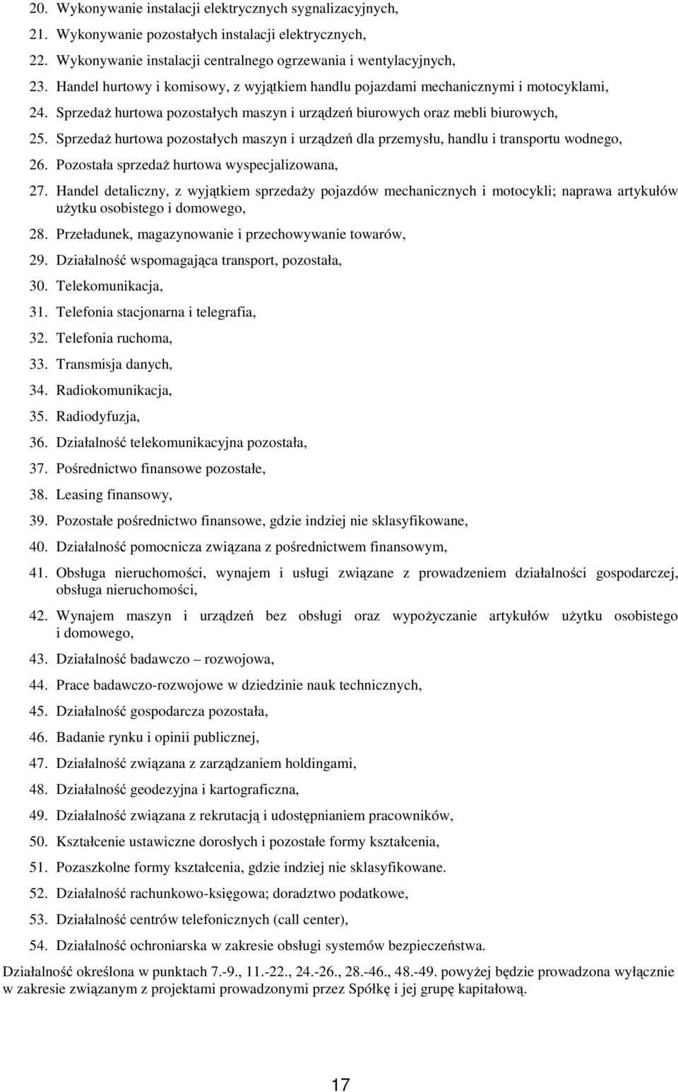 Sprzedaż hurtowa pozostałych maszyn i urządzeń dla przemysłu, handlu i transportu wodnego, 26. Pozostała sprzedaż hurtowa wyspecjalizowana, 27.