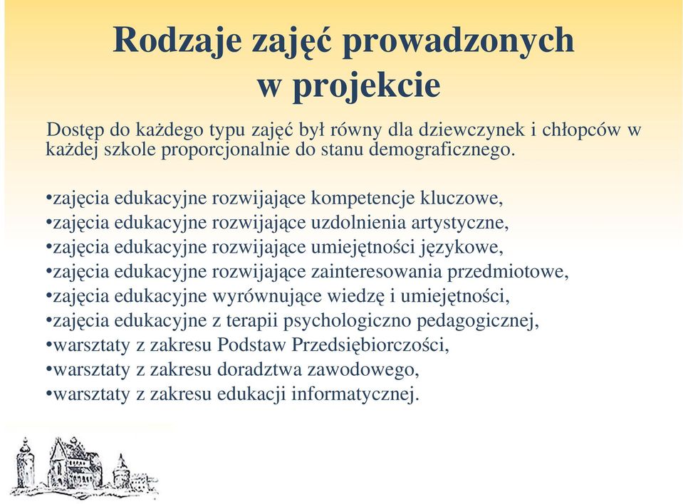 zajęcia edukacyjne rozwijające kompetencje kluczowe, zajęcia edukacyjne rozwijające uzdolnienia artystyczne, zajęcia edukacyjne rozwijające umiejętności