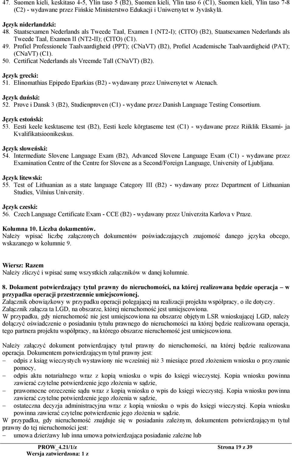 Profiel Professionele Taalvaardigheid (PPT); (CNaVT) (B2), Profiel Academische Taalvaardigheid (PAT); (CNaVT) (C1). 50. Certificat Nederlands als Vreemde Tall (CNaVT) (B2). Język grecki: 51.