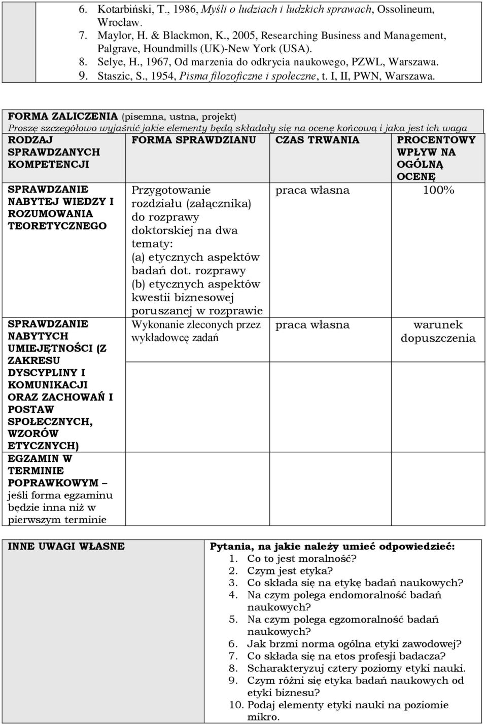 FORMA ZALICZENIA (pisemna, ustna, projekt) Proszę szczegółowo wyjaśnić jakie elementy będą składały się na ocenę końcową i jaka jest ich waga RODZAJ SPRAWDZANYCH KOMPETENCJI FORMA SPRAWDZIANU CZAS