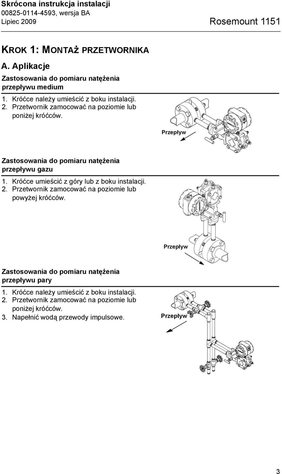 Przepływ Zastosowania do pomiaru natężenia przepływu gazu 1. Króćce umieścić z góry lub z boku instalacji. 2.