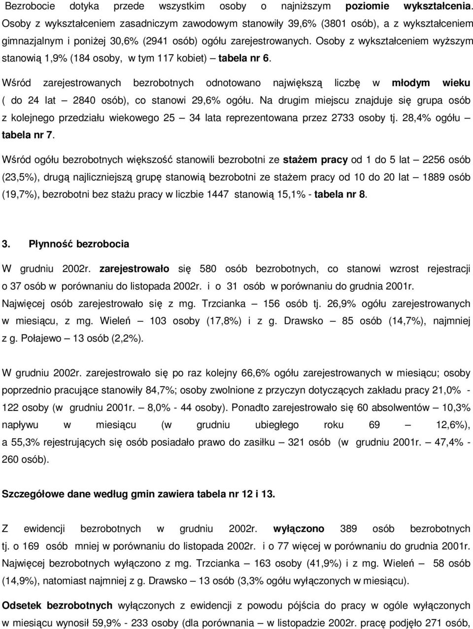 Osoby z wykształceniem wyższym stanowią 1,9% (184 osoby, w tym 117 kobiet) tabela nr 6.